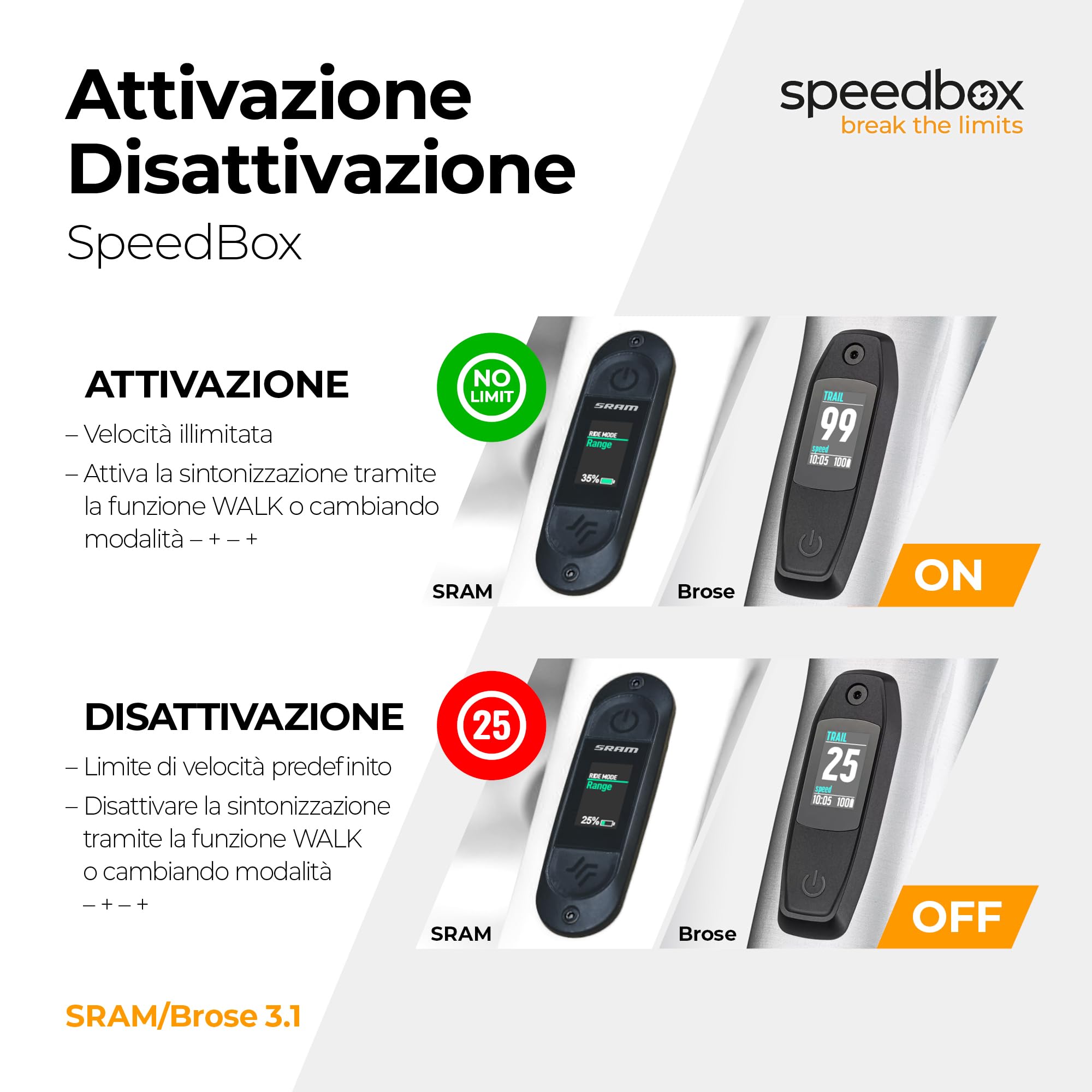 SpeedBox 3.1 compatibile con Brose/Specialized/SRAM Powertrain/Kit di tuning per E-Bike/Velocità illimitata/Valori reali/Velocità regolabile