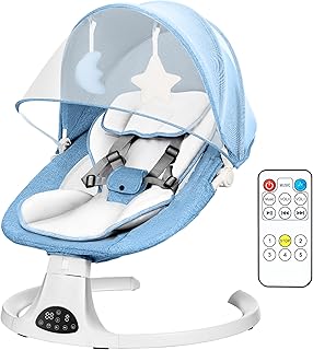 Baby Bouncer from Birth with 5 Swing Speed, 3-Stage Timer and Remote Control, Baby Swing Chair from Birth with 2 Plush Toys & Soft Padded Newborn Bouncer (Blue)