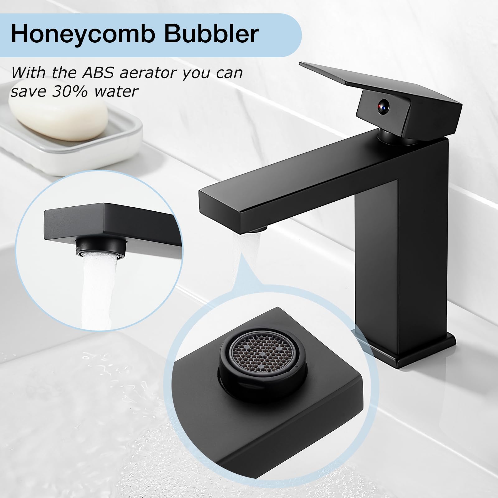 Basin Mixer Tap with Drain, Black Bathroom Sink Taps with Waste - Image 3
