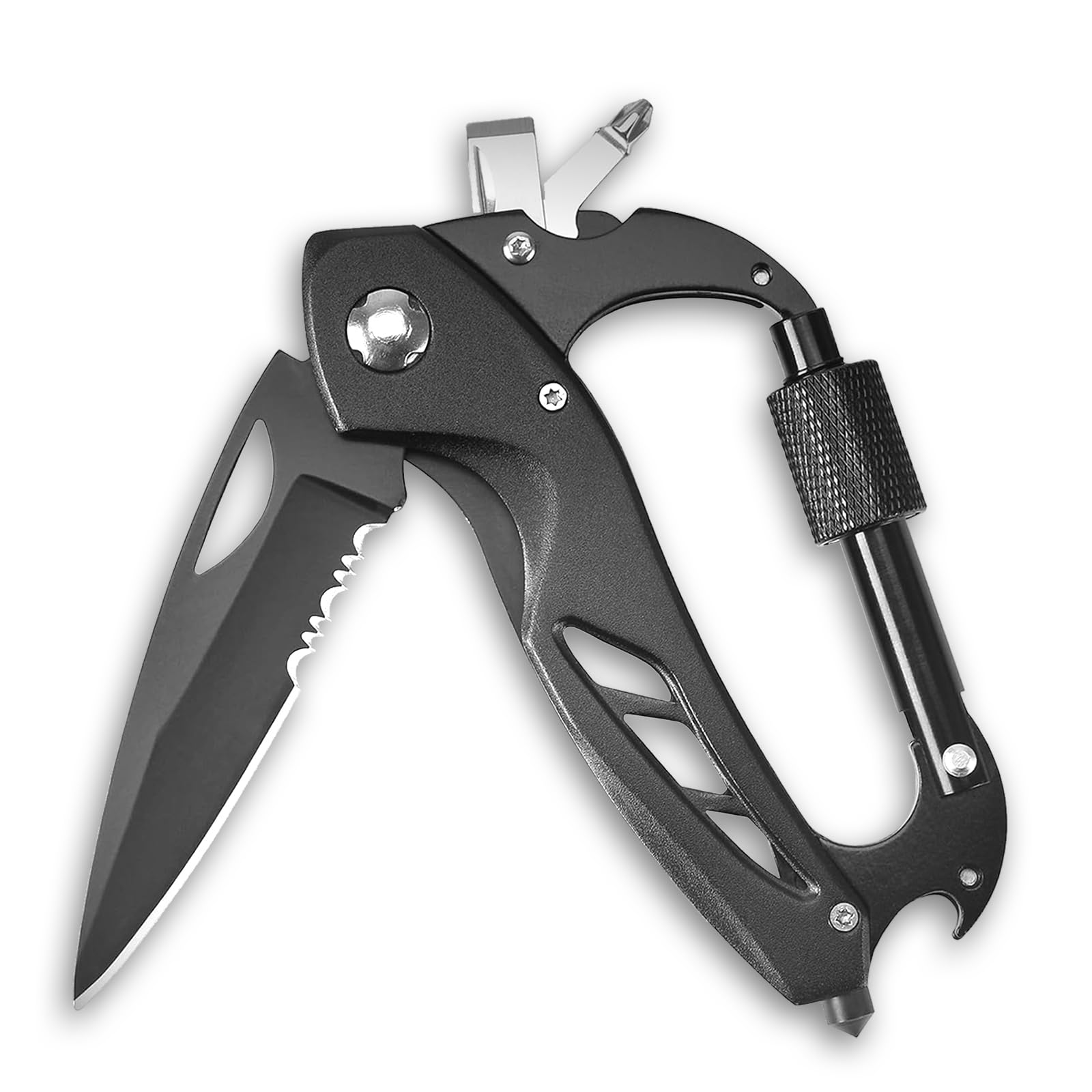 Carabiner Multitool, Carabiner with Pocket Knife, Serrated Folding Knife, Rope Cutter, Bottle Opener, Window Breaker, Screwdriver, Unique Gifts for Men, Outdoor Survival Gear, Camping Hiking