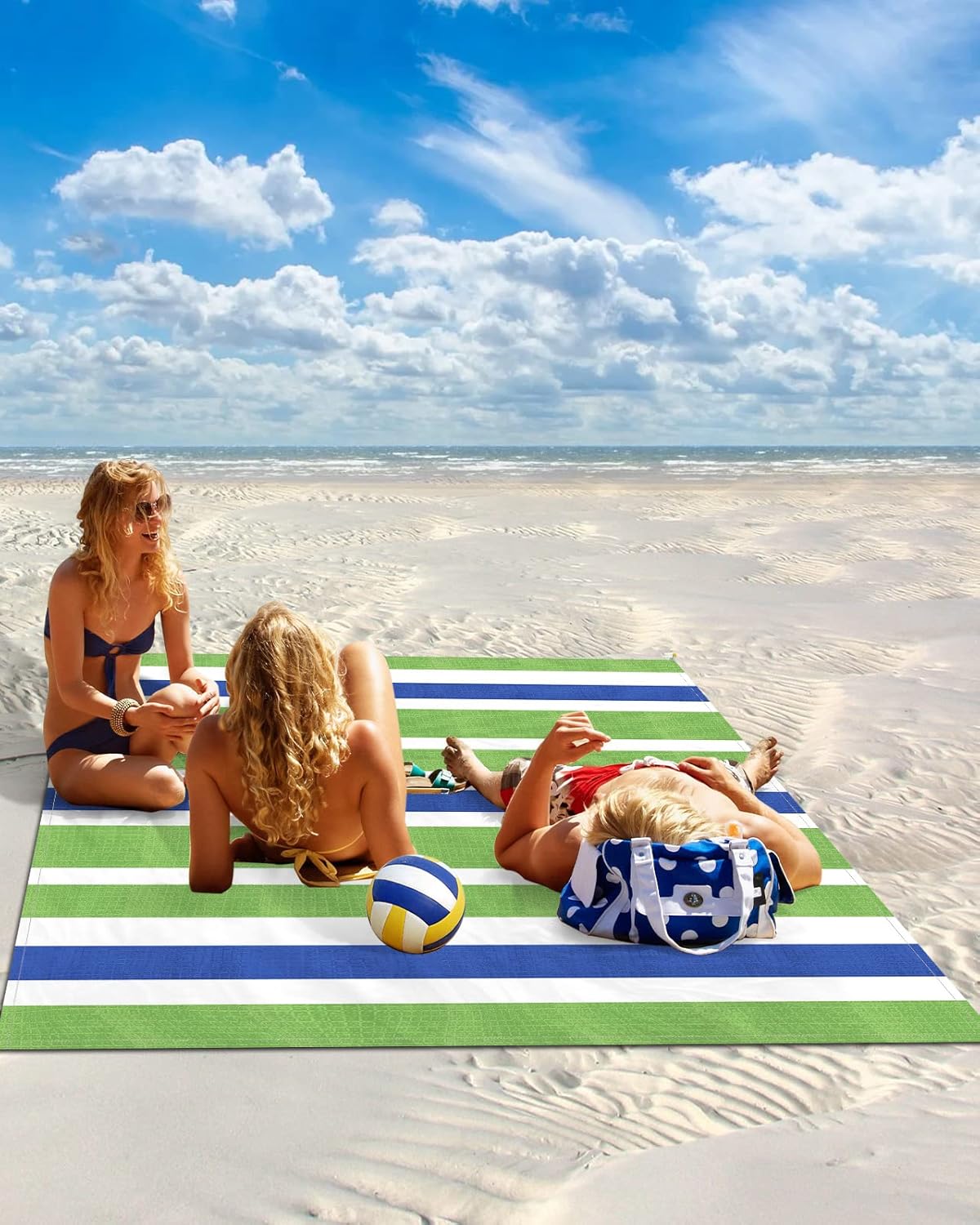 Blue Red Stripes Horizontal Line Beach Blanket Waterproof Sandproof Outdoor Picnic Mat 108"x84" Minimalist Lightweight Large Beaach Blankets with 4 Stake & 4 Corner Pockets