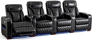 GUEAPY Power Reclining Home Theater Seating, 4 Seat Theater Recliner with Adjustable Headrest, Swivel Tray Tables, USB & Type-C Charging, Storage Console, LED Lights, Black