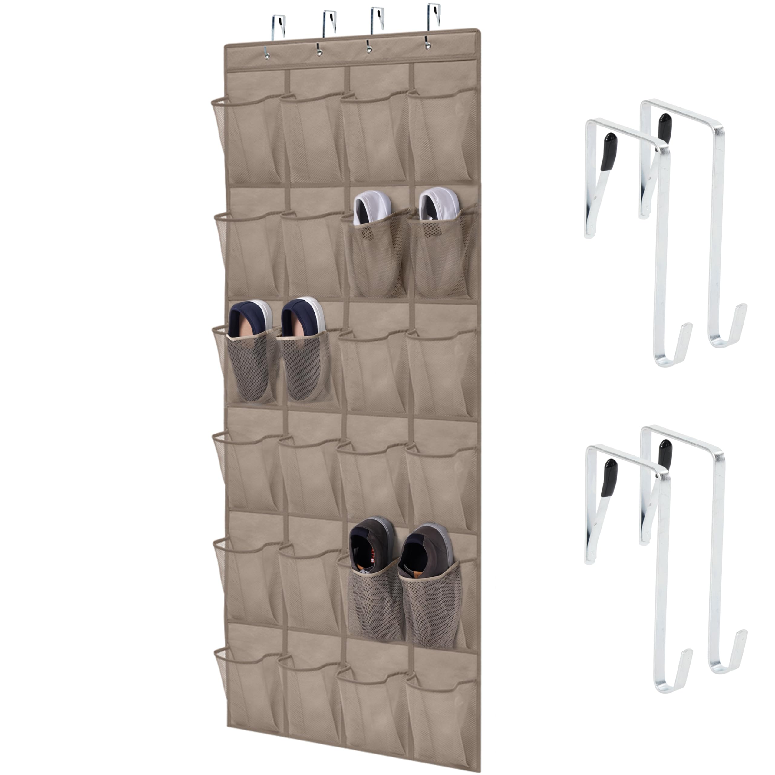 HOME GENIE Over the Door Hanging Shoe Organizer, 24 Breathable Mesh Pockets, Closet Rack Storage Holder, Stay in Place Hooks Hang on Closets, Hanger