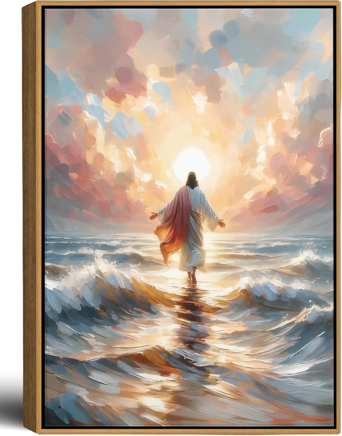 Framed Jesus Walking on Water Canvas Wall Art Christian Spiritual Divine Light Painting Picture Wall Decor Modern Religious Faith Poster Print Artwork for Church Prayer Room Bedroom Home Decoration