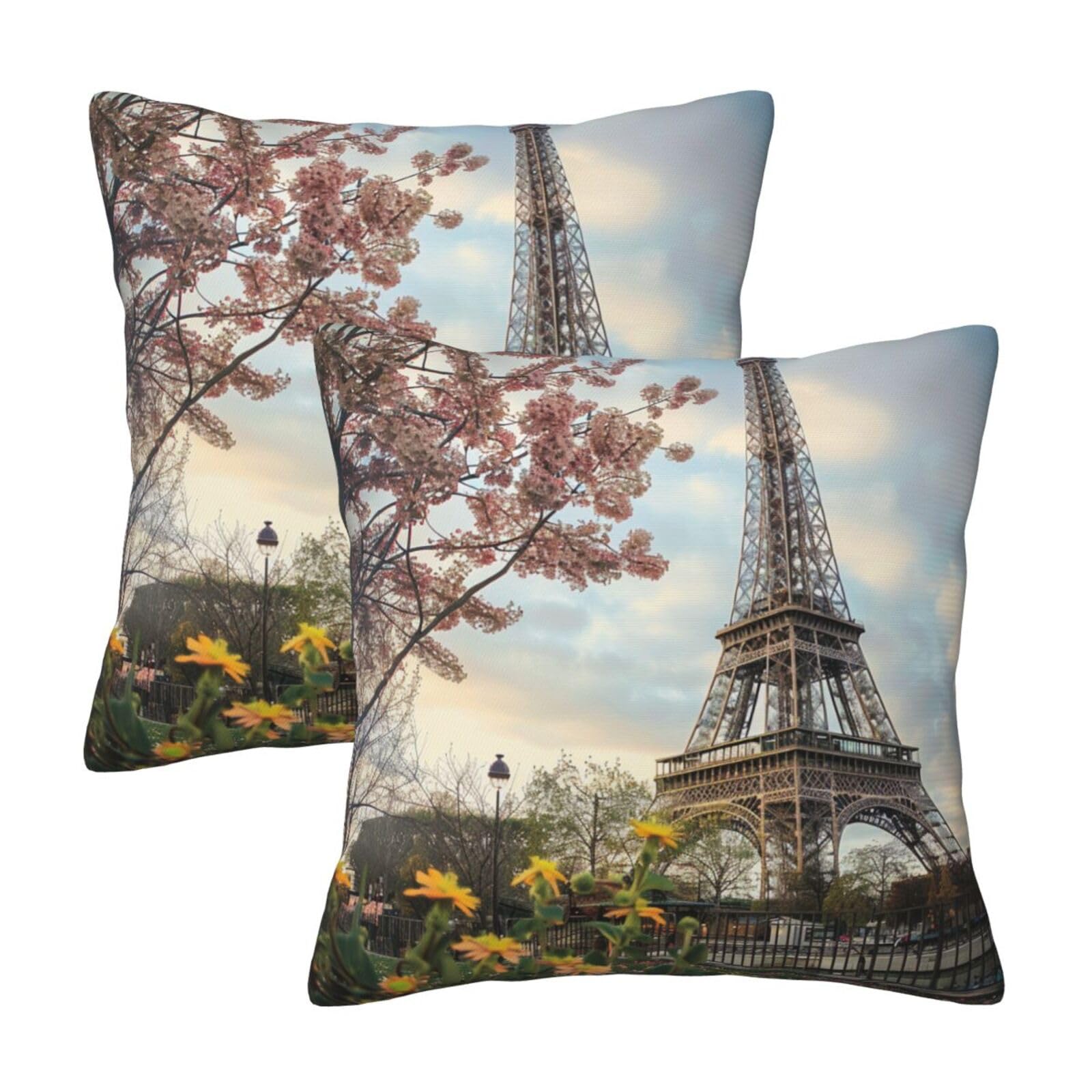 Paris Eiffel Tower Flower Throw Pillow Cases 2 Pack Square Pillowcases Soft Pillow Protectors for Couch Livingroom Sofa Bed Office Car,30x30 CM