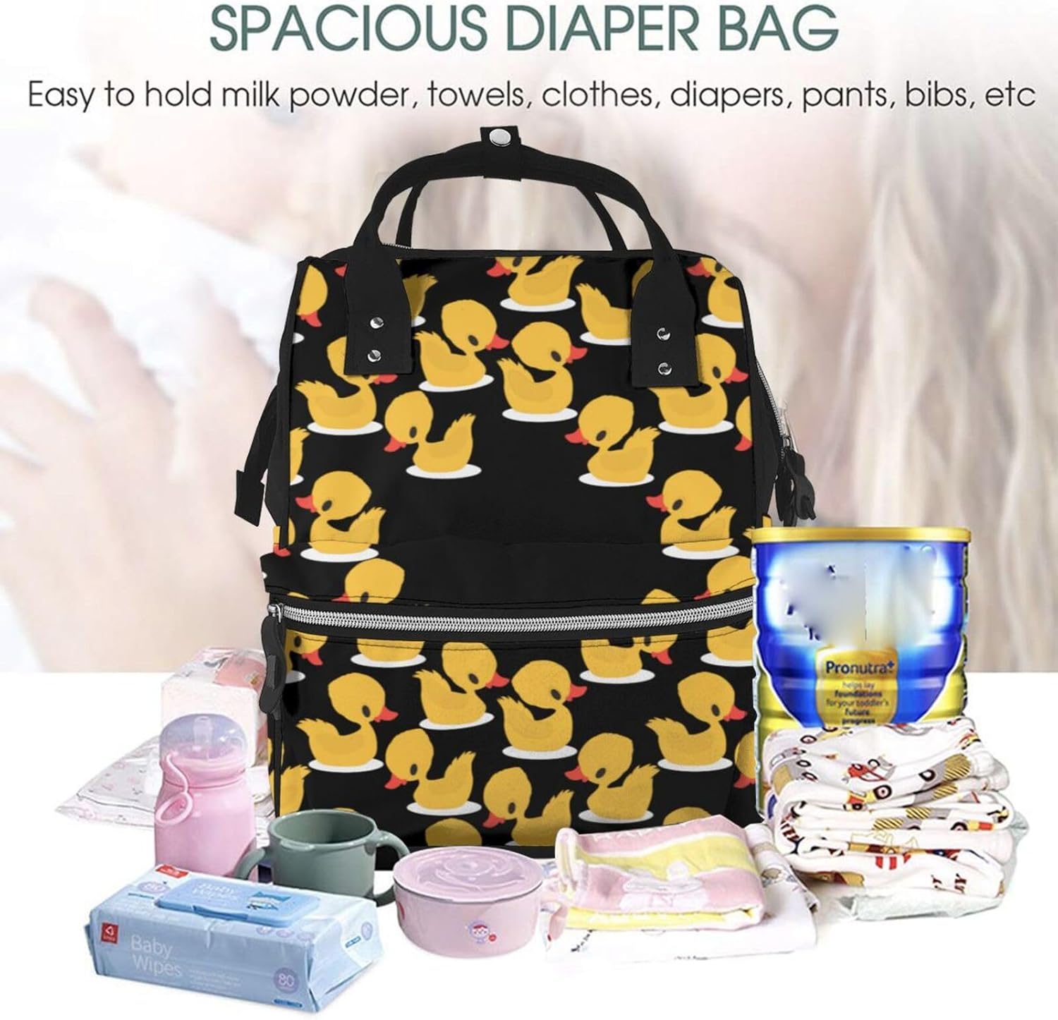 Cute Yellow Rubber Duckies Diaper Bag Backpack for Women, Large Capacity Waterproof Travel Bag with Stroller Straps