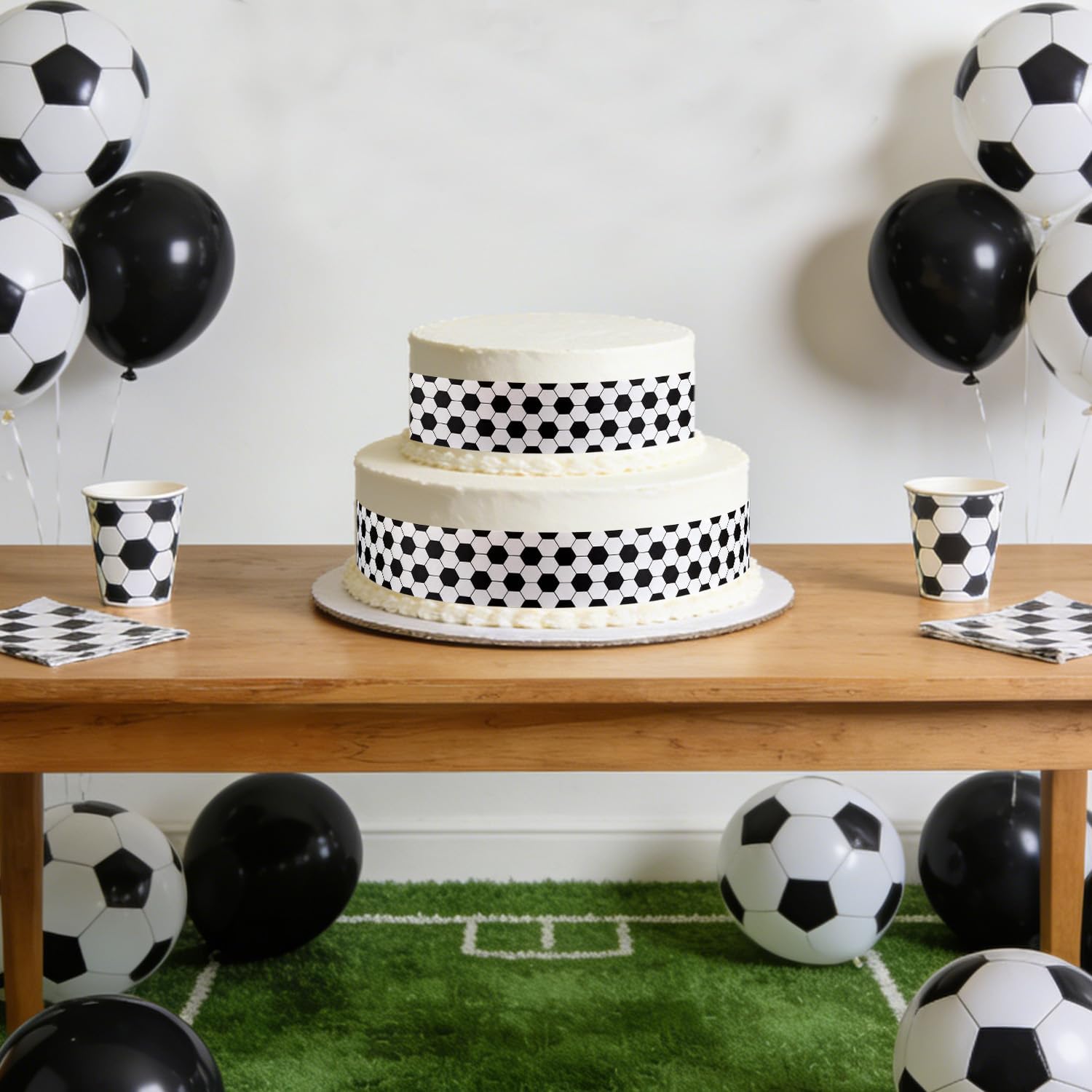 6pcs Soccer Edible Cake Borders Strips, 28x6.2cm/11x2.44 Inch Football Print Pre-Cut Glutinous Rice Paper Birthday Cake Decorations Toppers for Sports Kids Boys Girls Party Wrap Decor Supplies