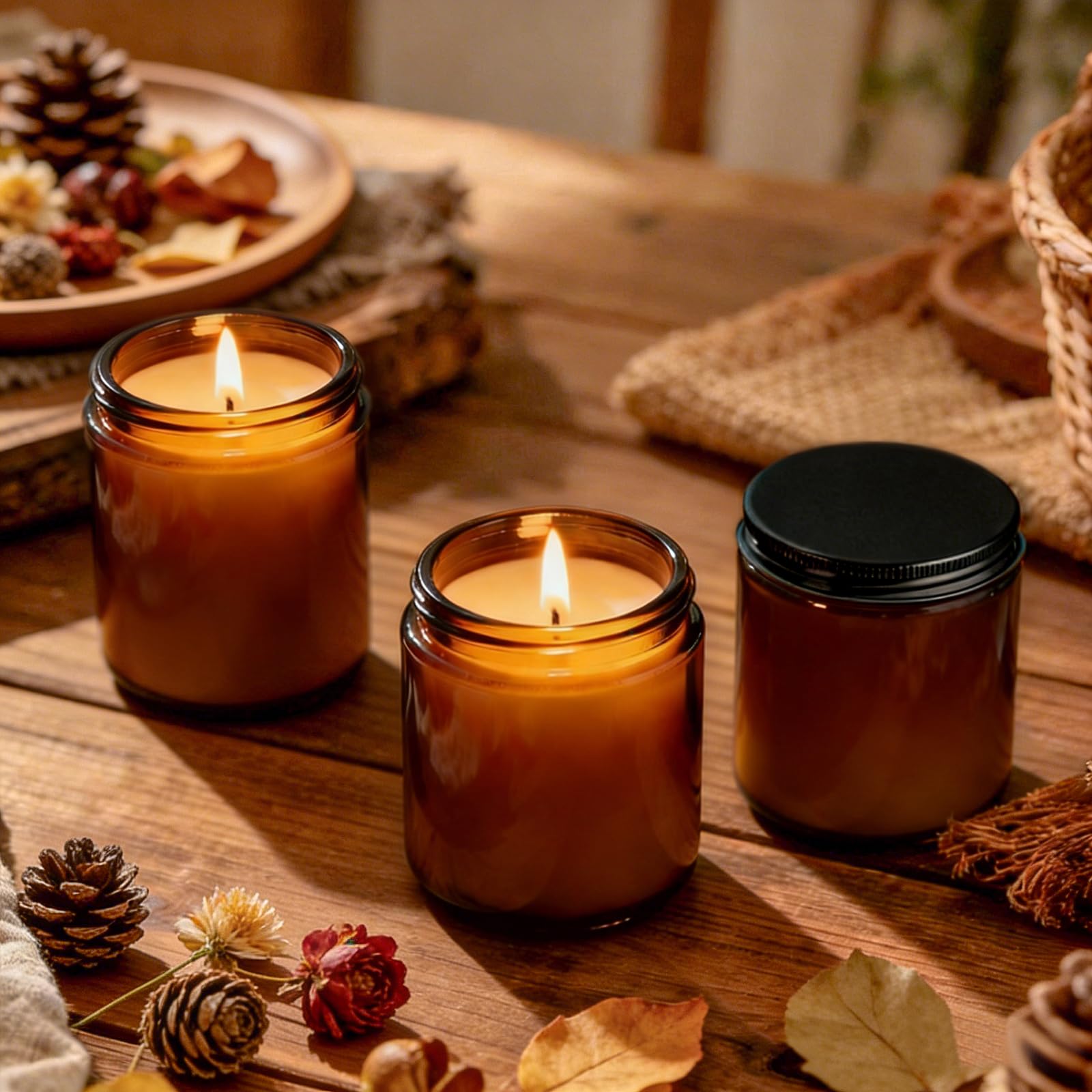 24 barattoli per candele in vetro ambrato con coperchi, barattoli di vetro spesso con coperchi in metallo nero opaco, barattoli vuoti per la produzione di candele, conservazione, artigianato fai da te