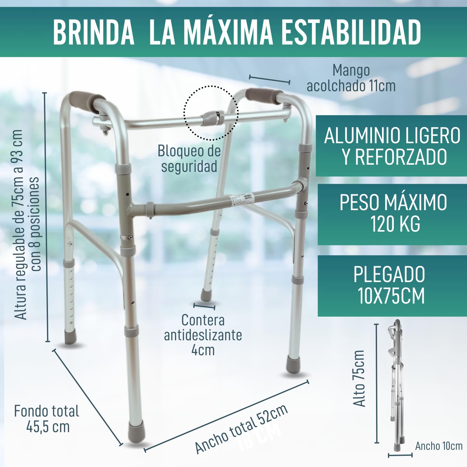 OrtoPrime Andador para Ancianos de Aluminio - Plegable, Ligero y Ortopédico - Sin Ruedas, para Adultos Mayores - Taca Taca