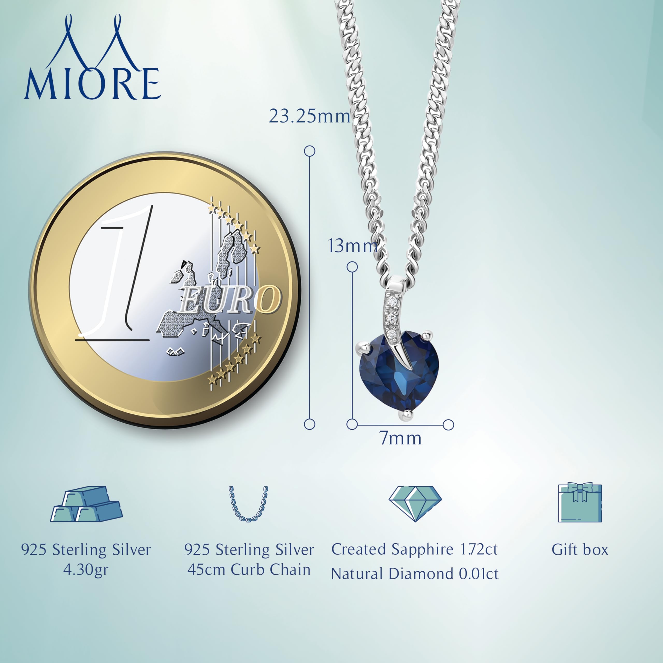 Miore Collana con Pendente da Donna in Argento 925 con Zaffiro Blu, 45 cm