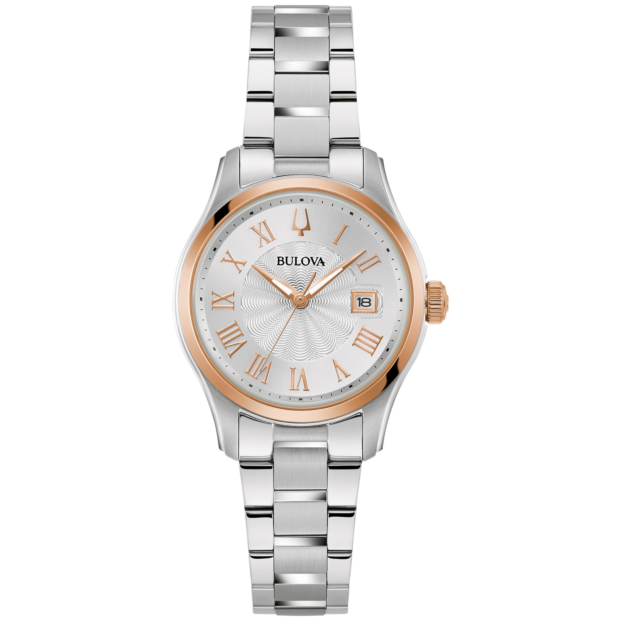 Bulova Ladies Classic Wilton 3-Hand Quartz Silver and Rose Tone Stainless Steel Case Watch, Silver Stainless Steel Bracelet, White Dial Style:98M136