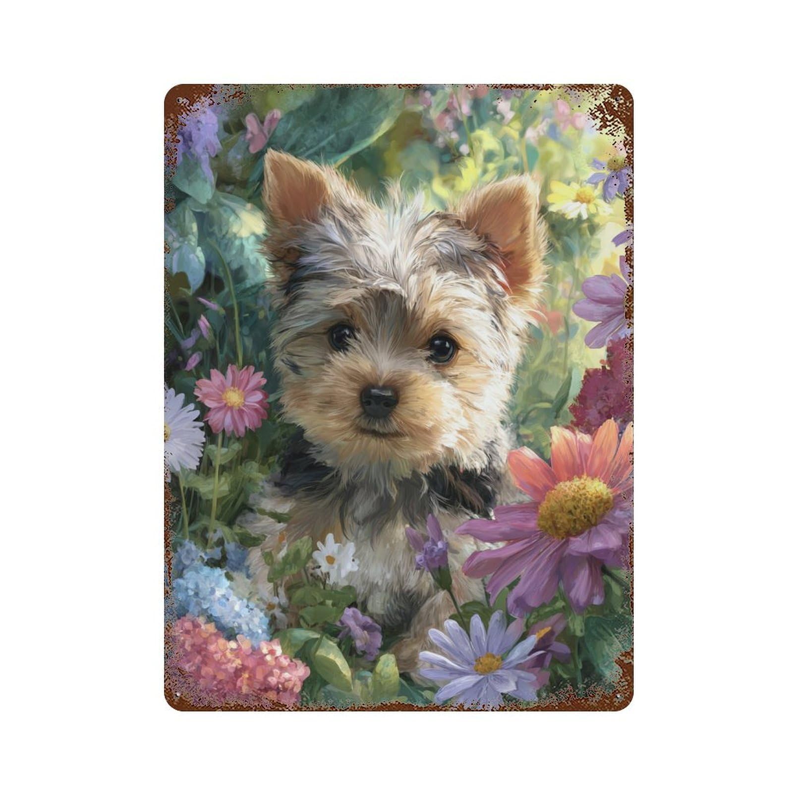 Floral Garden Yorkie Pup Vintage Metal Tin Sign 15.7"x11.8", Ideal for Shed, Workshop And Garage Wall Decor