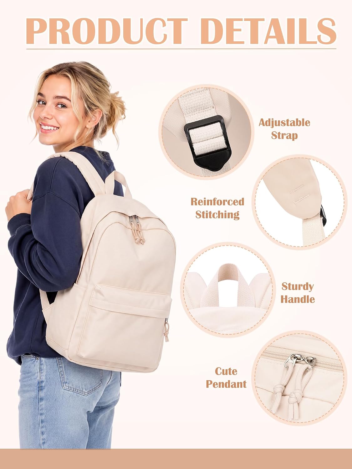 School Backpack Girls Kids Beige Basic