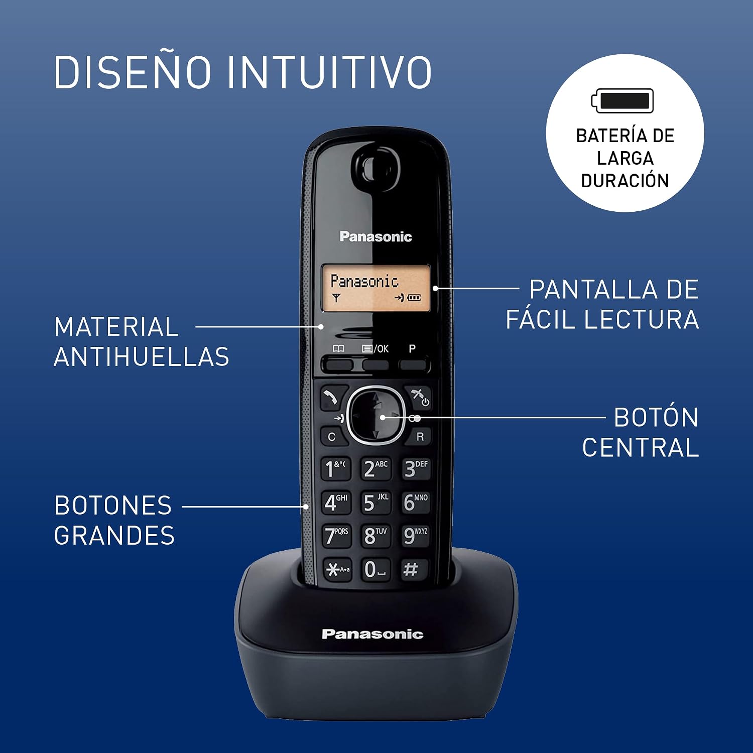 Panasonic KX-TG1612SP1 Teléfono Inalámbrico Digital DECT, Unidad Base y 2 Auriculares, Identificador De Llamadas, Batería Larga Duración, Pantalla LCD, Agenda, Rellamada, Despertador, Negro 3