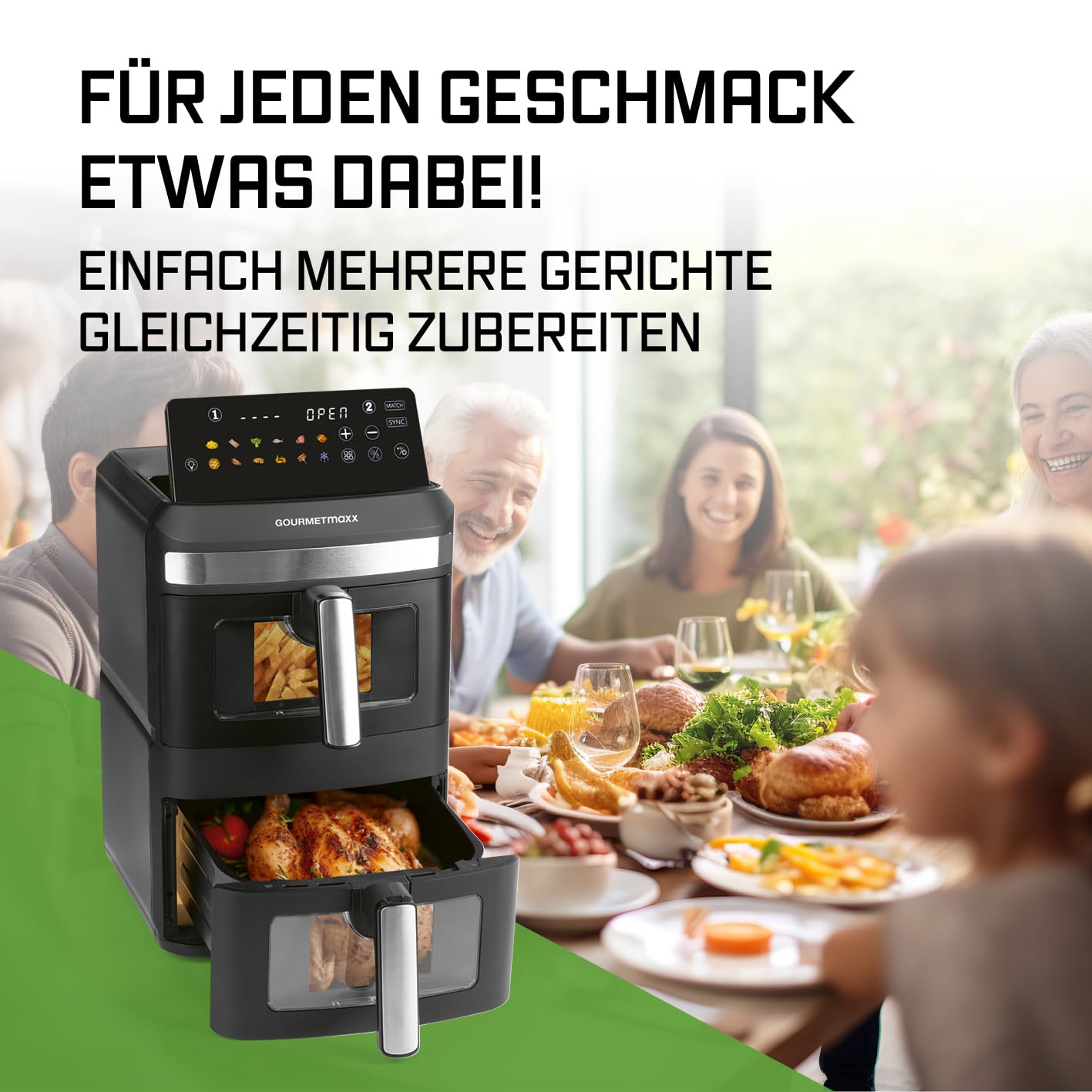 GOURMETmaxx FryUp XL vertikale Doppelkammer Heißluftfritteuse mit Sichtfenster - 12 L | Airfryer mit 9,6 Zoll Multi-Colour LED-Touchdisplay & 12 Programmen | Heißluftfritteuse 2 Kammern mit Oberhitze