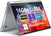 Laptop com tela sensível ao toque, laptop para jogos 2 em 1 de 14 polegadas, Intel N100, 16 GB RAM 512 GB SSD, 1920 x 1080, desbloqueio de impressão digital, teclado retroiluminado, Windows 11