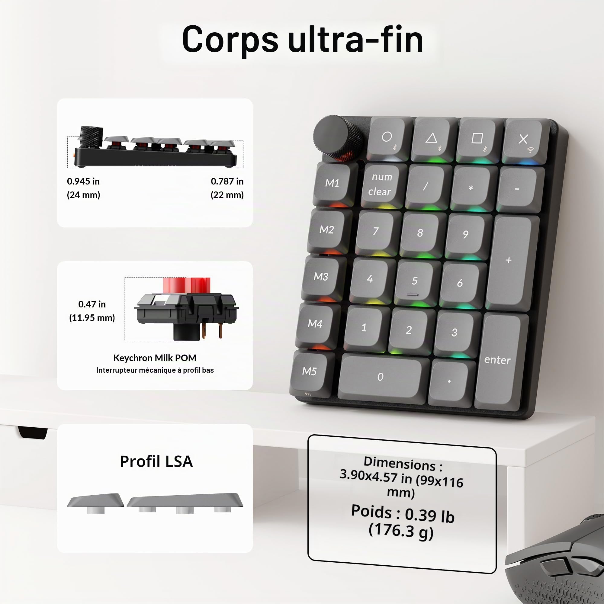Keychron K0 Max Pavé Mumérique sans Fil Slim, 27 Touches, 1000 Hz Polling Rate, 2.4GHz/BT 5.3, QMK/Launcher,RGB, Interrupteur Rouge, Clavier Numérique Portable pour Ordinateur Portable, Tablette, PC
