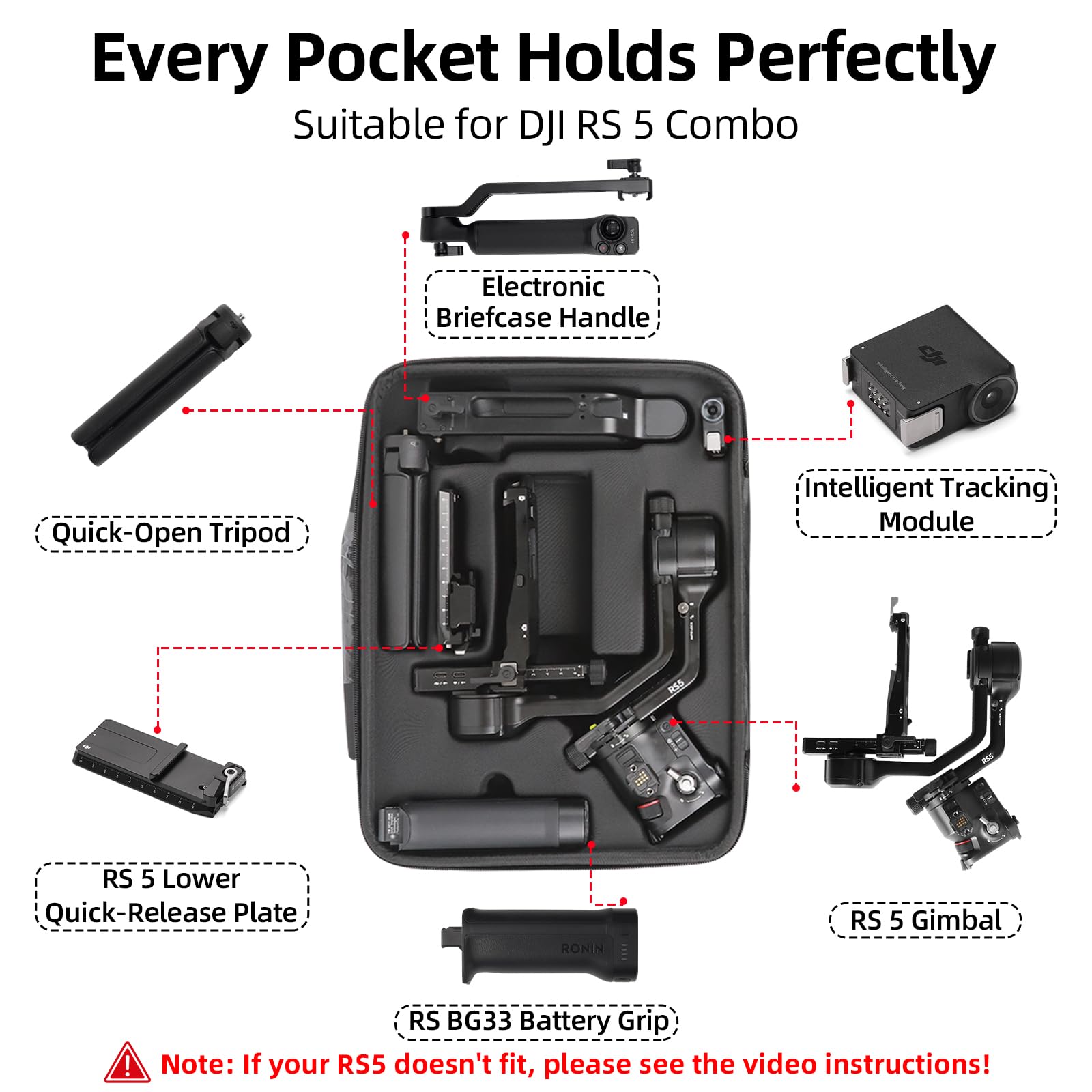 Funda para dji RS 5, Estuche portátil Impermeable para dji RS 5 Combo Incluye Correas de Hombro Ajustables(Negro)