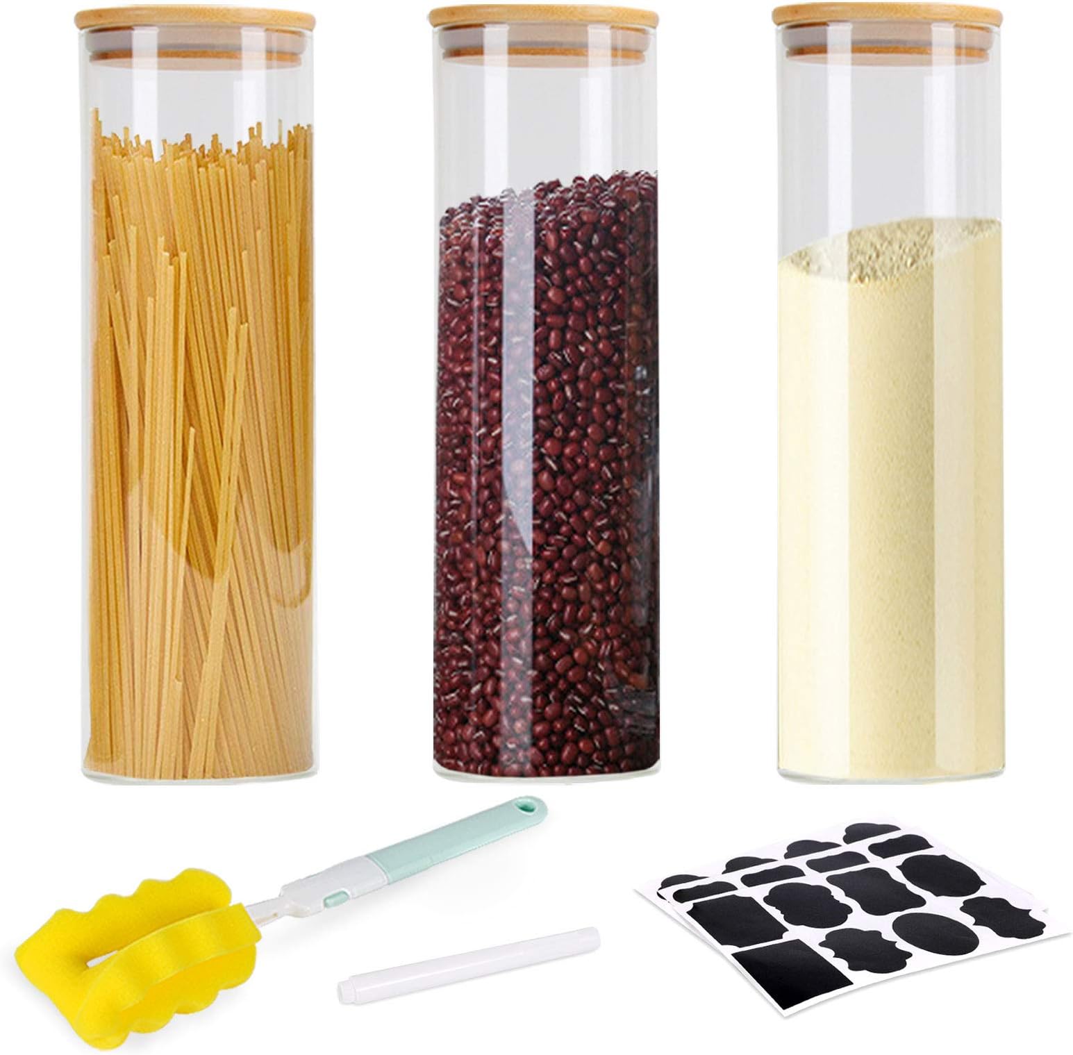 GoMaihe Storage Jars with Bamboo Lids Silicon Ring Set of 3, Air Tight Glass Kitchen Food Cereal Containers, 1500ml x 2 / 2100ml Canister Set for Jam Pasta Spaghetti Coffee Beans Cookie Snack Flour