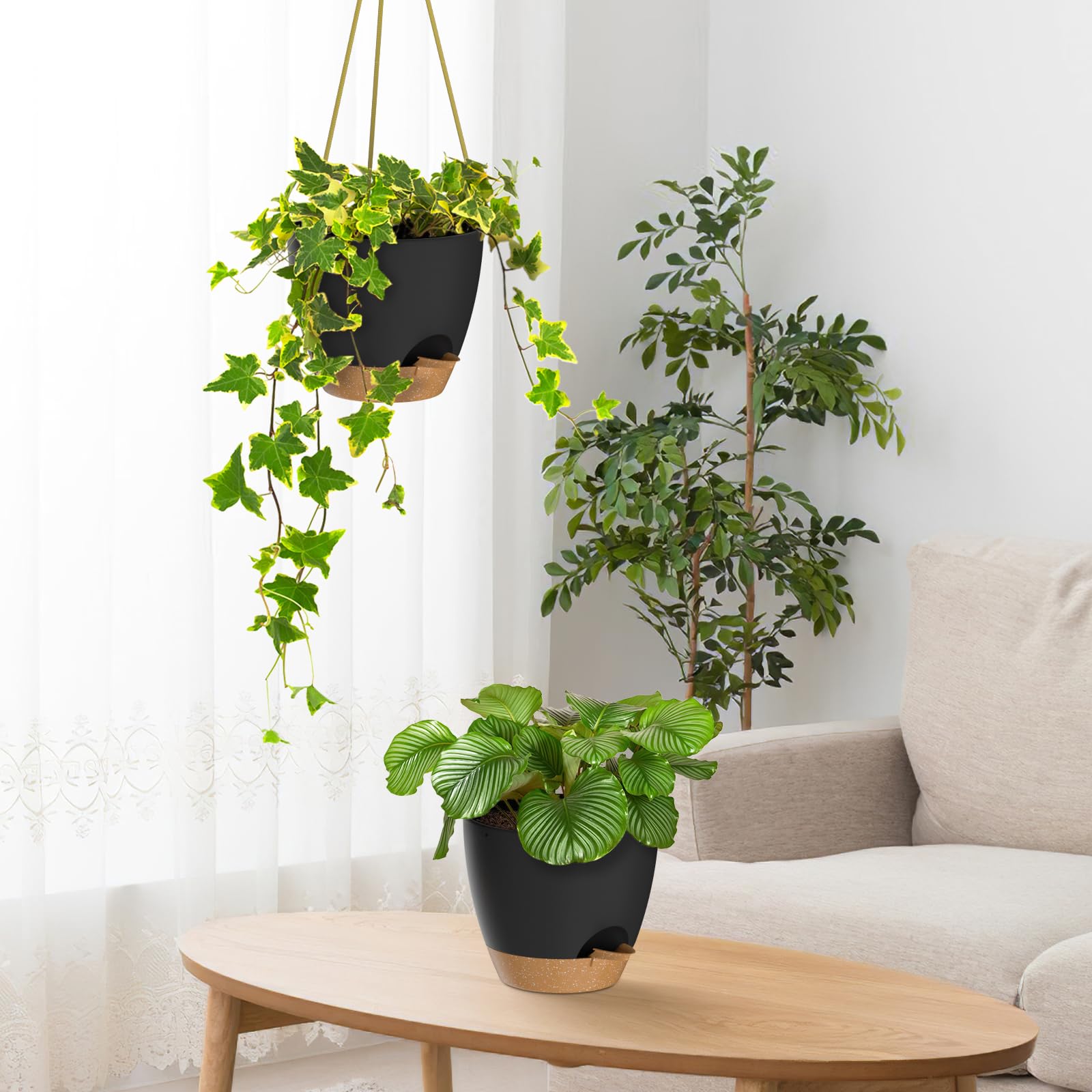 ZMTECH Lot de 2 pots de fleurs suspendus de 16,5 cm pour intérieur et extérieur – Pots de fleurs en plastique à arrosage automatique avec trous de drainage et soucoupe amovible (noir)