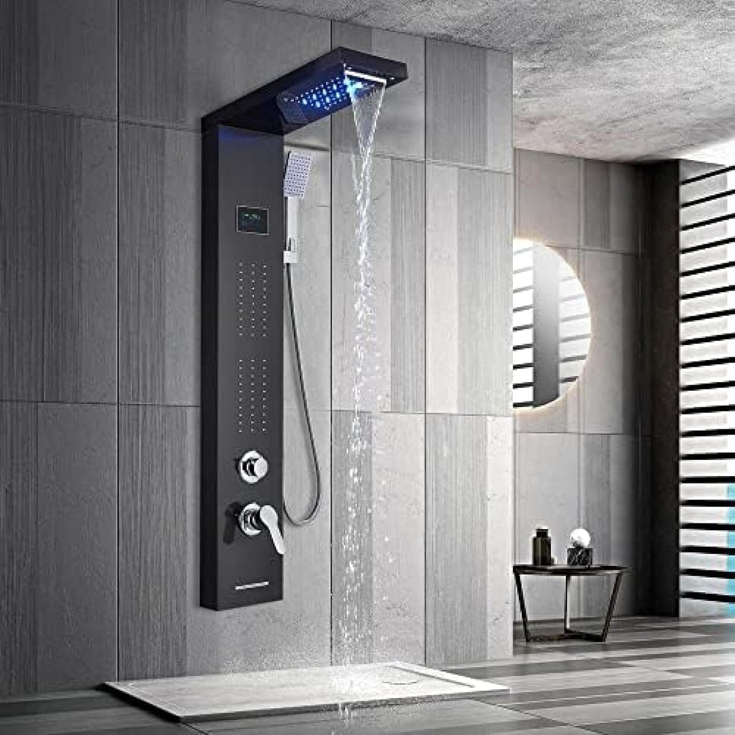Shower System, Stainless Steel LED Shower Panel, Tower Rain, Waterfall Massage Nozzle System, Mixer Shower Column-Black 9001,Brushed Nickel 8013(Black 8011) (Black 8011)