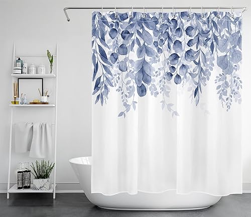 LB Cortina de ducha con hojas azules botánicas, hojas de eucalipto sobre fondo blanco, cortinas de ducha de tela para baño con ganchos, juego de