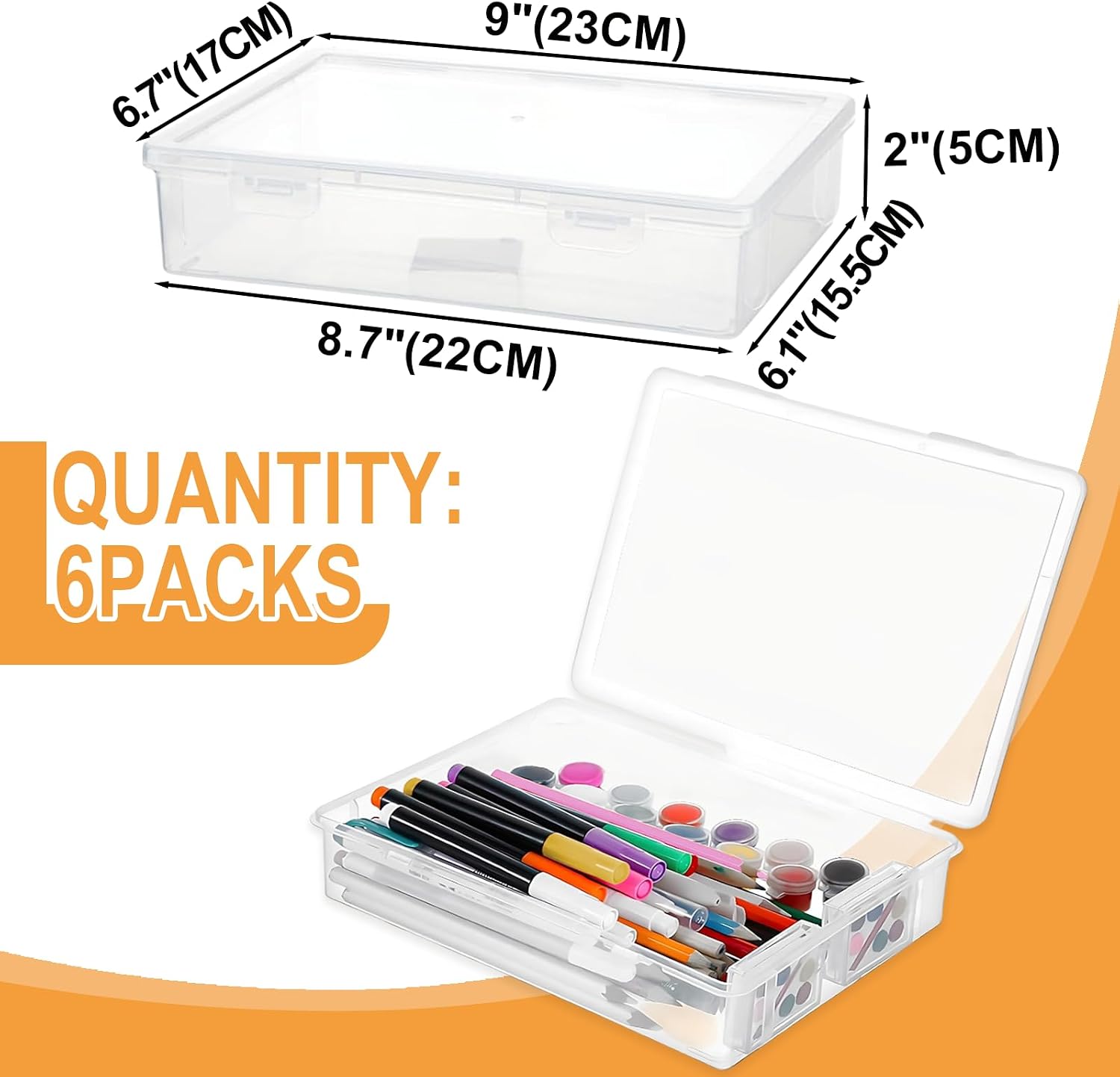Clear Plastic Storage Box with Flap Lid, 6 Pcs 9x6.7x2 Inches, Multipurpose Craft Organizers, Storage Box, Art Supply Storage Organizer for Beads, Pencils, Lego, Crayon, Crafts Accessories, Notebooks