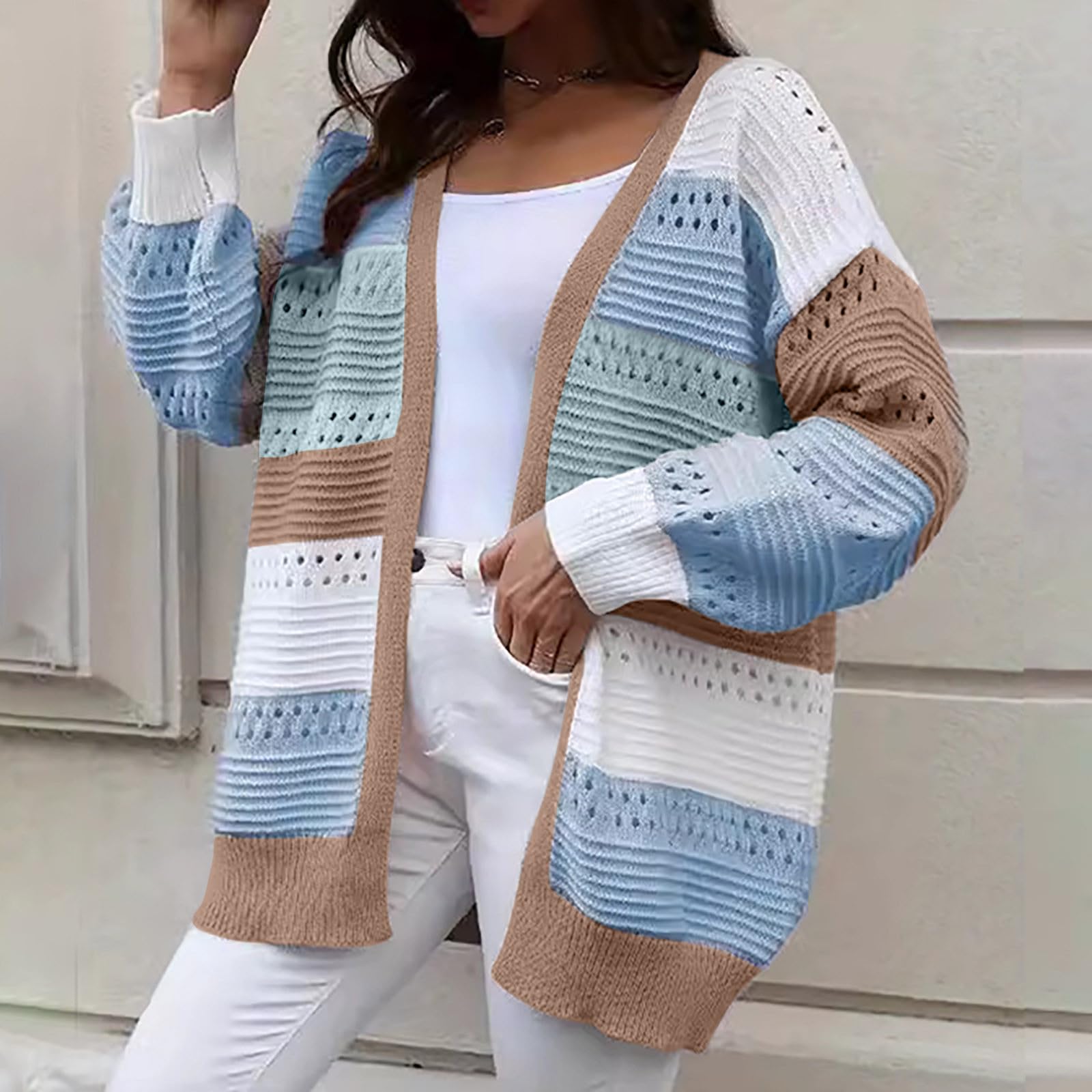 Cardigan Donna a Righe Morbido Maglione Oversize Aperto Davanti Oversize | Vestibilità ampia e confortevole, design adatto a diverse silhouette, libertà di movimento, ideale per un look rilassato