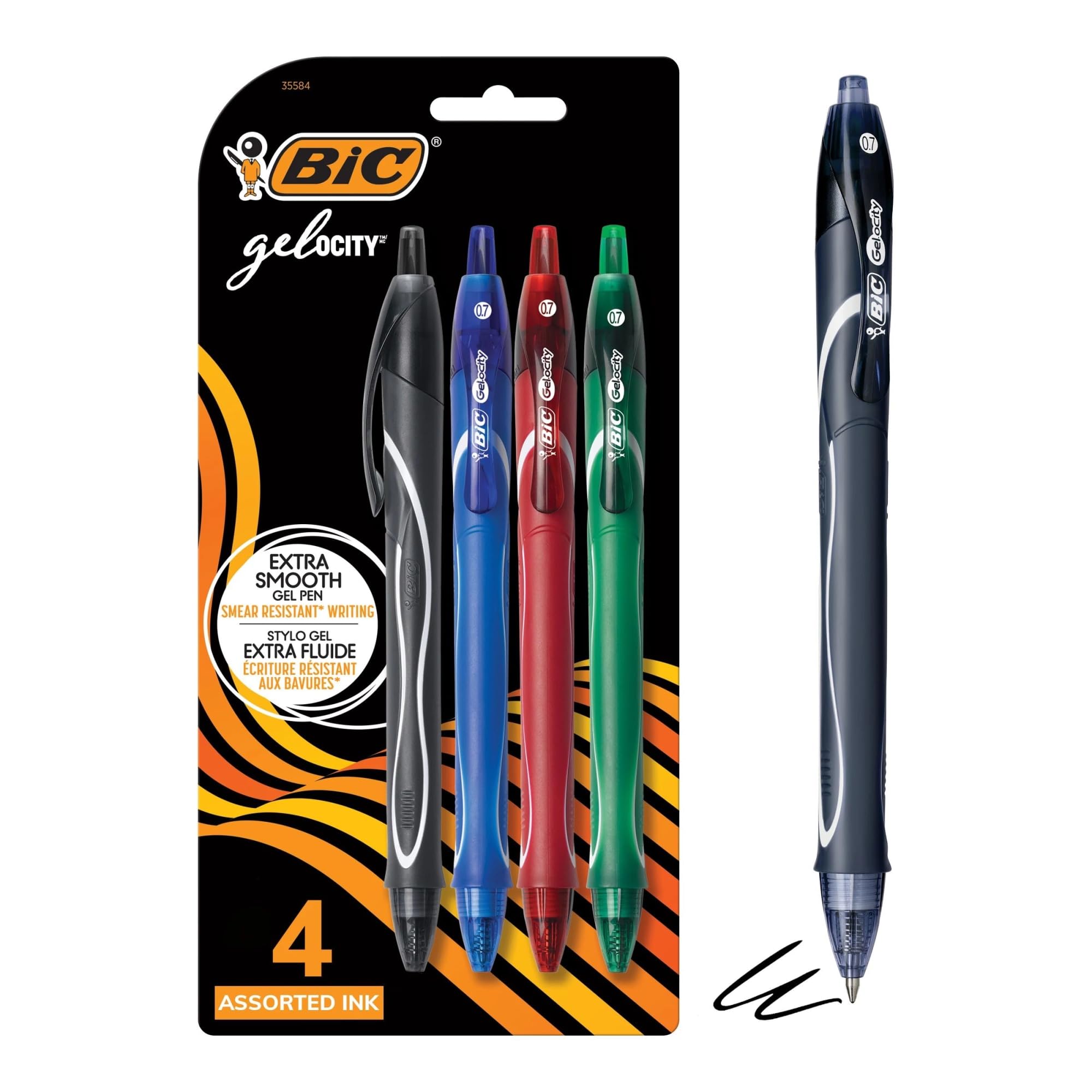 BIC® Gel-ocity - Bolígrafos de gel retráctiles de secado rápido, punta media, 0,7 mm, barril surtido, tinta surtida, paquete de 4 bolígrafos