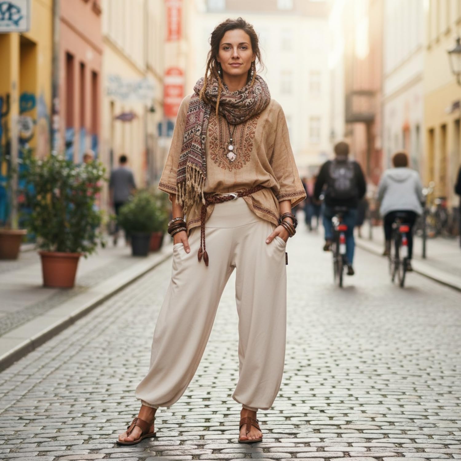 GURU SHOP Yogahose aus Bio-Baumwolle, Pluderhose für Damen, lang, Sand | Damen, lange Hose, Passform: loose, mit breitem Bund, zwei Taschen, angenehm zu tragen, ideal für Yoga und Dancefloor.