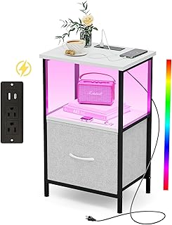 Innerjoin Side Table with Storage, LED Night Stand with A&C Charging Station, End Tables Living Room, Nightstand for Bedroom with Fabric Drawer, White/Gray