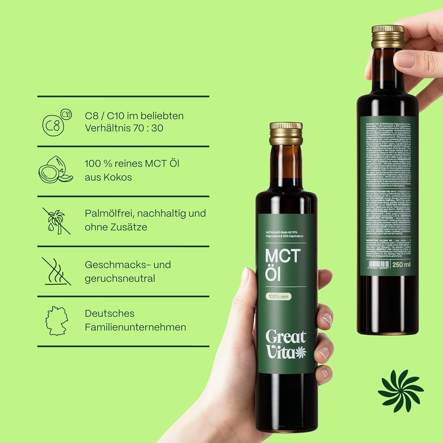 GreatVita MCT Öl auf Kokosölbasis 2x 500 ml | C8 & C10 Fettsäuren, Premium Qualität - 70% Caprylsäure & 30% Caprinsäure - Aufdruck kann variieren