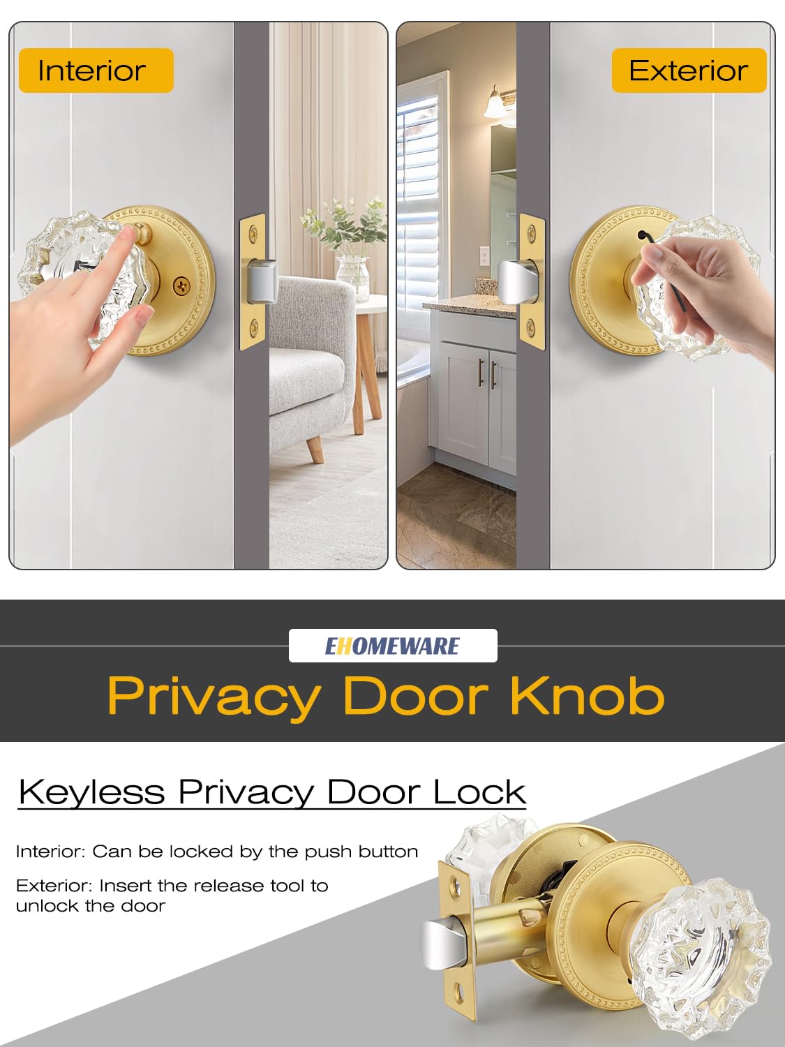 Gold Glass Door Knobs - Keyless Privacy Levers -5