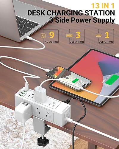 Miniatura 3 de Regleta de alimentación con abrazadera de escritorio con USB C, protector de sobretensiones de escritorio con 9 enchufes de CA, 4 puertos USB,