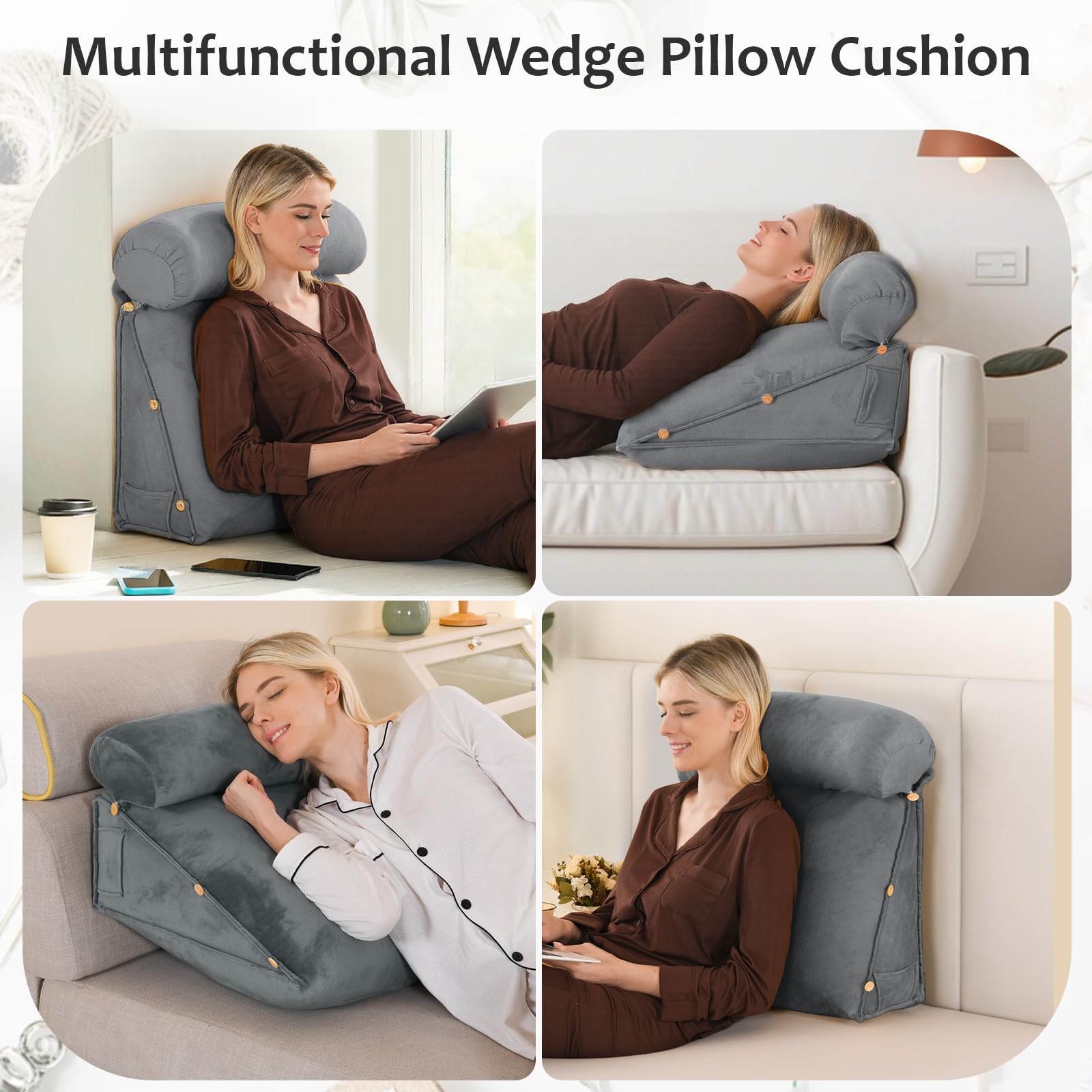 Cojín de apoyo para sofá, almohada de lectura ajustable 3 en 1 para sentarse en la cama para adultos, almohadas triangulares con rollo de cuello desmontable y funda lavable extraíble