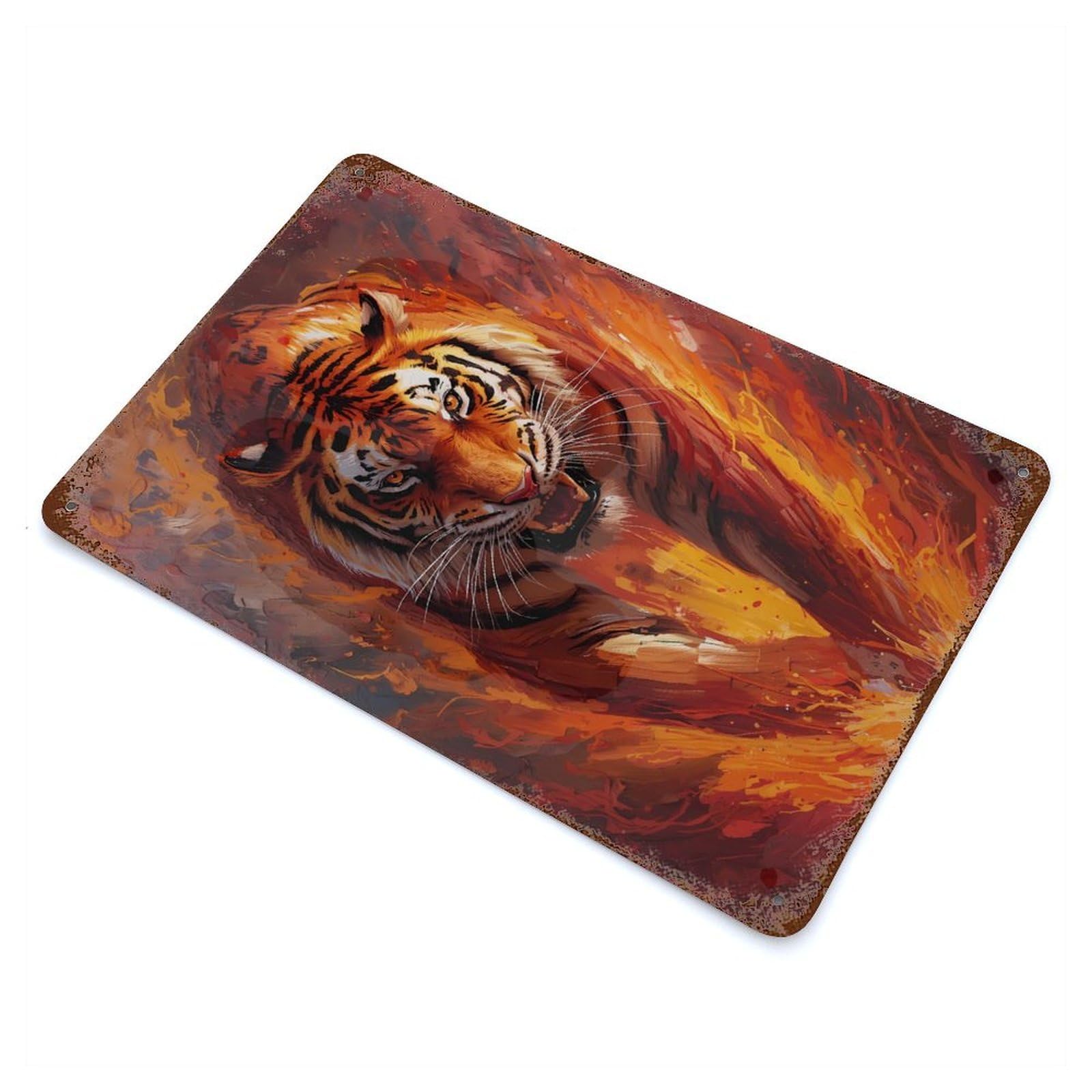 Rustic Tin Plaque Fiery Tiger Painting 11.8"x7.9", Rustic Home Decor for Office, Studio And Wall Decor