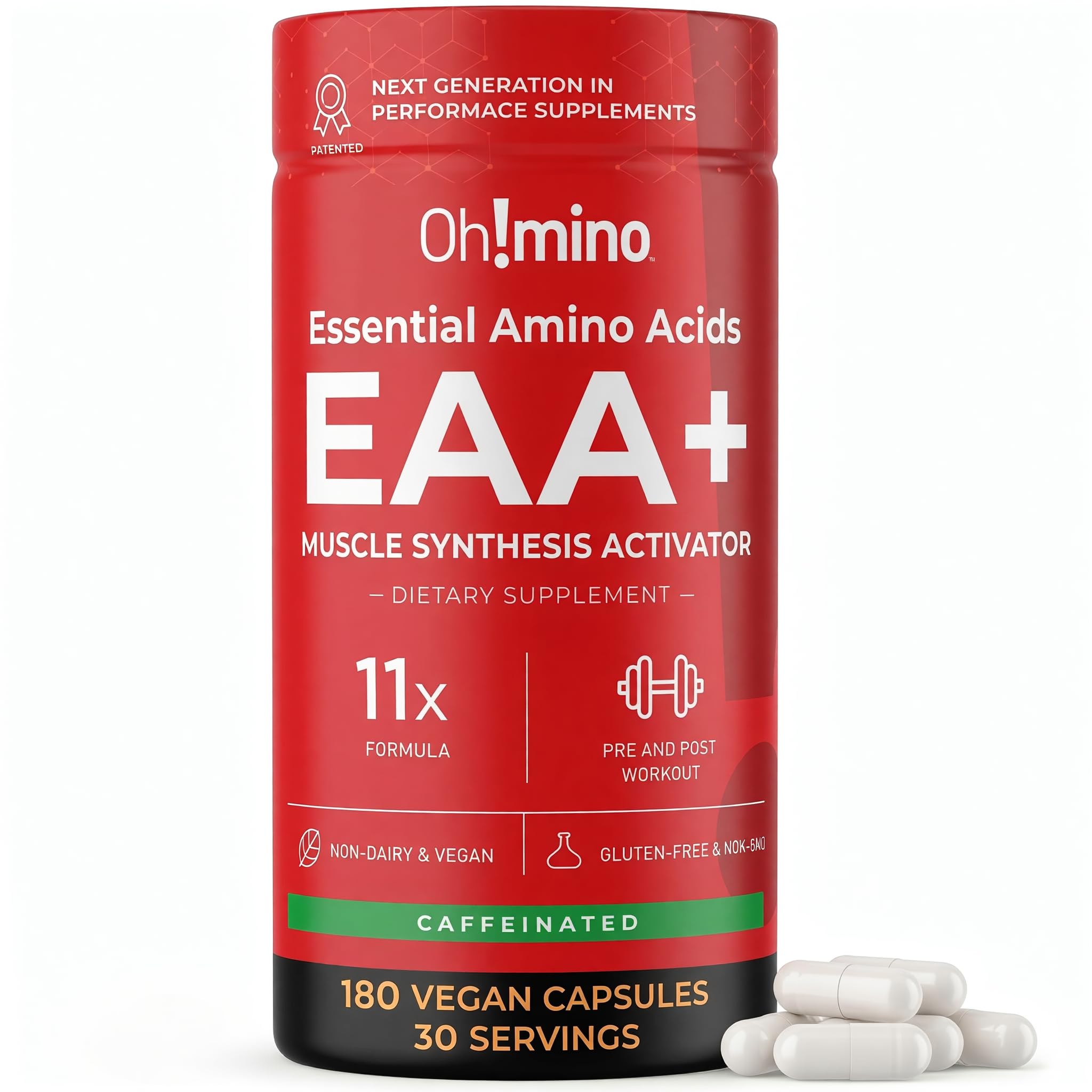 Oh!mino Suplemento de BCAAs e EAAs com cafeína, 180 cápsulas veganas