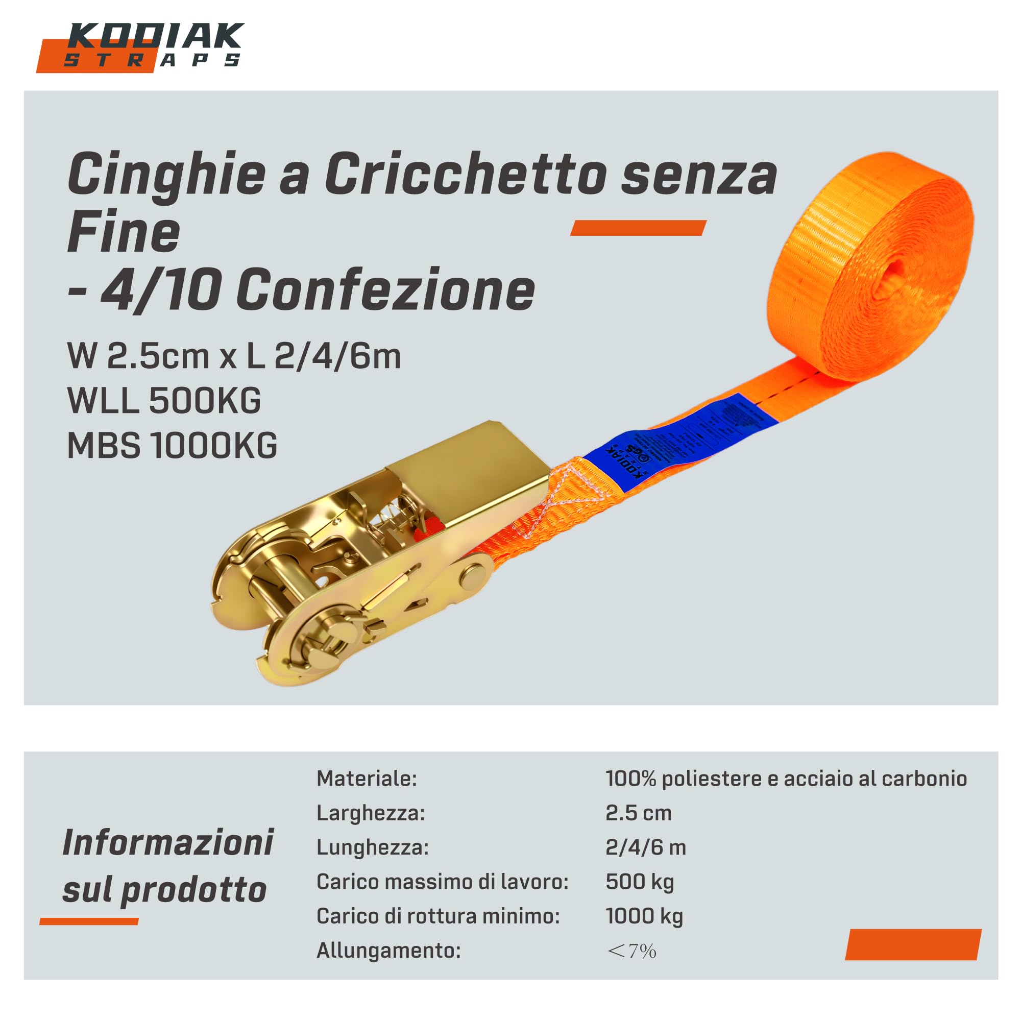 10 Cinghie di Tensione 4m x 1000kg con Chiusura a Cricchetto - Cinghie a Cricchetto da 25mm - Arancione - per Bagagli e Trasporto - Certificato TÜV/GS e secondo la Norma DIN EN 12195-2 - KODIAK STRAPS