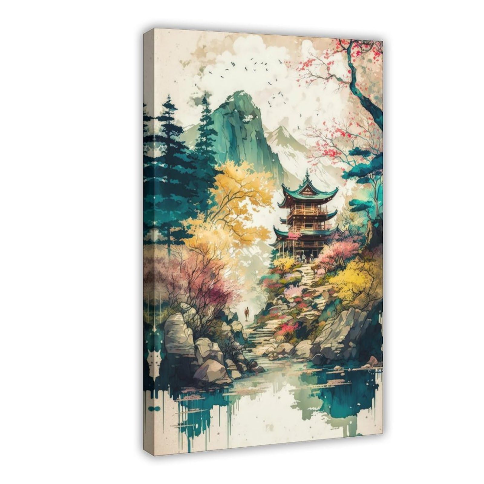 Qnvjqkdsi Frame Japanese Landscape Watercolor Art (4) Canvas Poster Bedroom Decor Landscape Office Room Decor Gift 24" L X 36" W