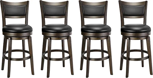 PrimeZone Swivel Bar Stools Set of 4, 24 Inch Counter Height Barstools, Black Faux Leather Bar Stool with High Backrest & Solid Wood Leg & Wrap-Around Footrest, Counter Stools for Kitchen Island, Pub