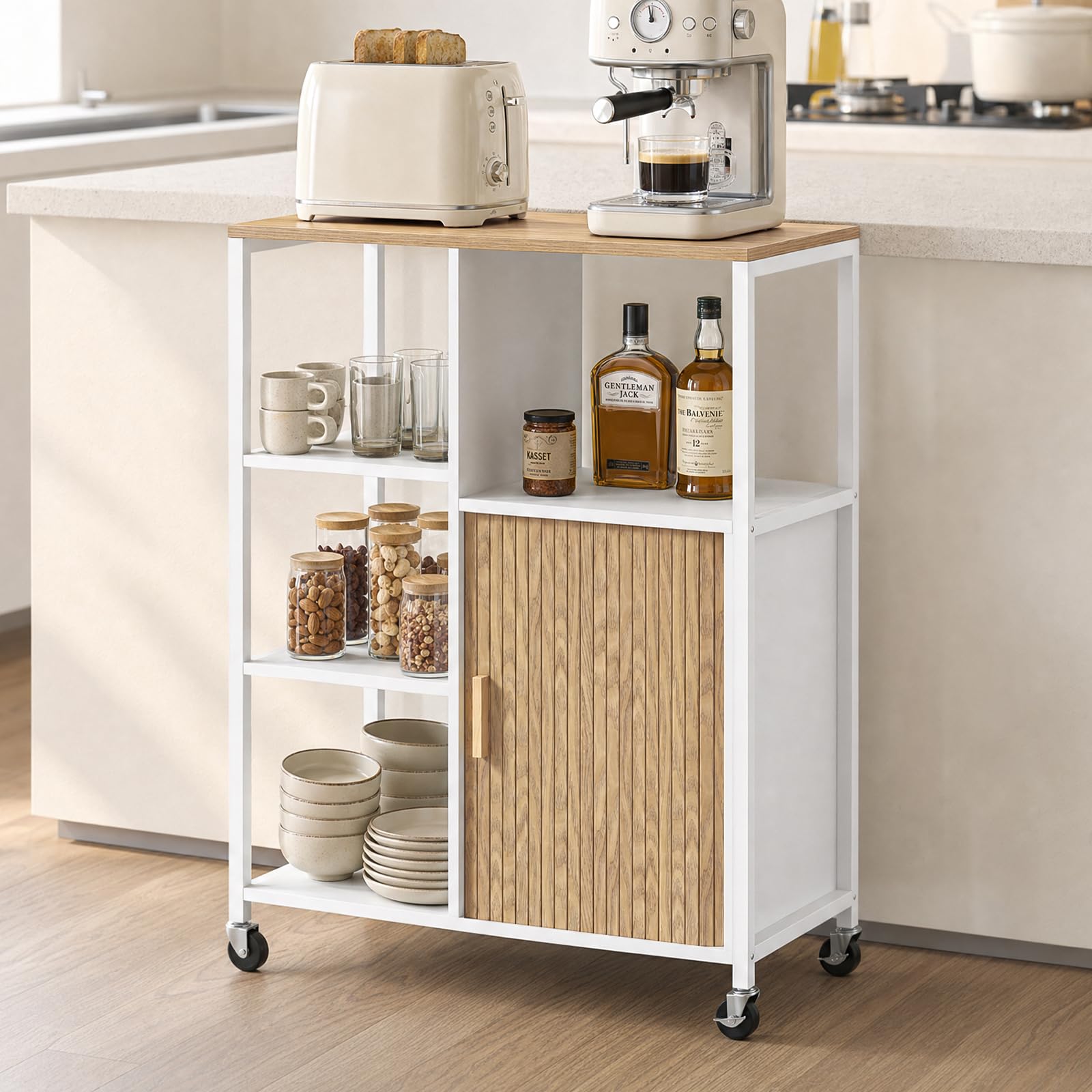 Küchenwagen mit Rollen, mobiler Servierwagen mit Stauraum und Rolltüren, Kücheninsel mit Arbeitsplatte, Rollwagen für Küche, Wohnzimmer & Esszimmer, 37 x 67 x 95cm