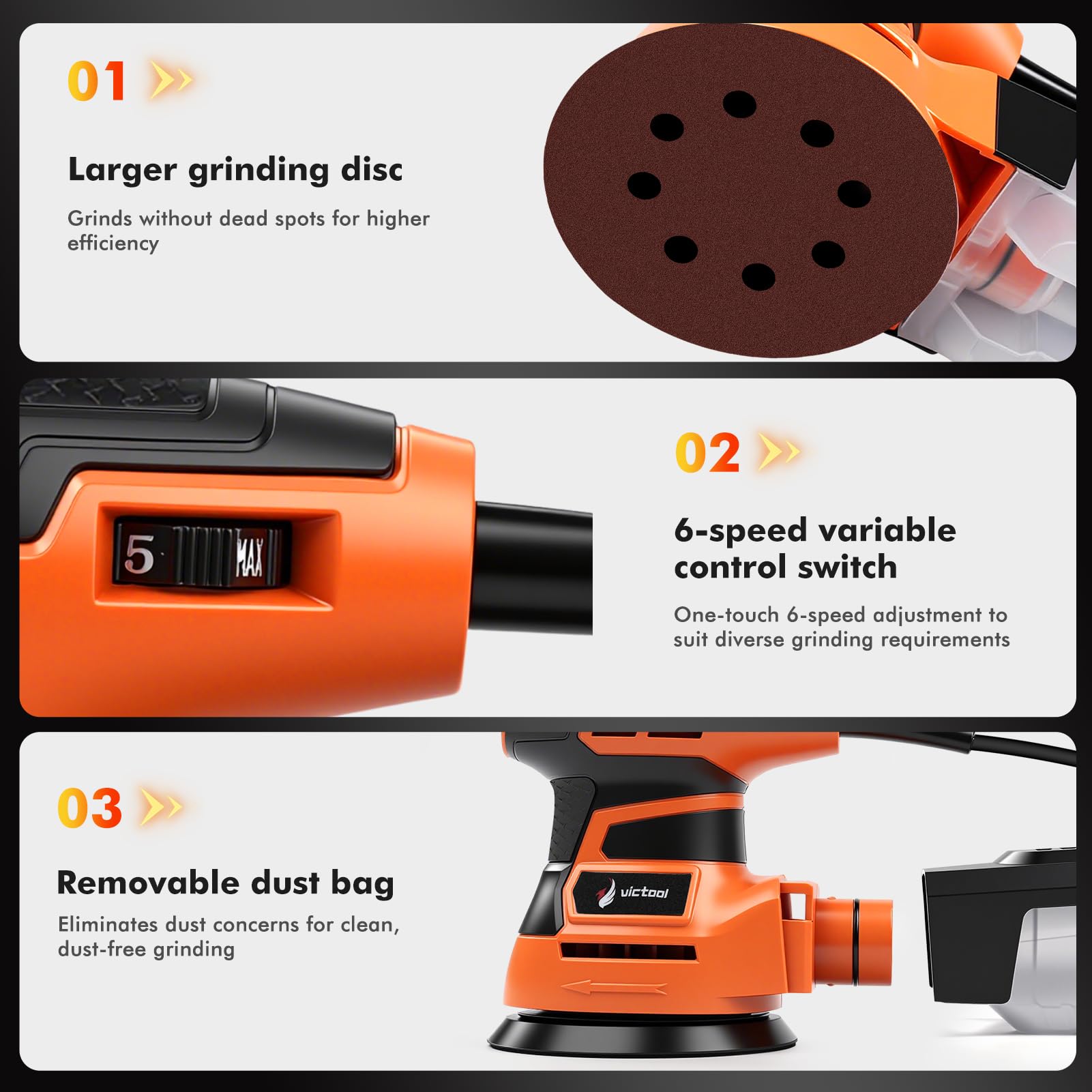 Ponceuse excentrique 350 W, ponceuse 125 mm, 6 vitesses, 6 000 à 13 000 tr/min, avec bac à poussière et 14 papiers abrasifs, idéale pour les projets de travail du bois, les travaux de bricolage