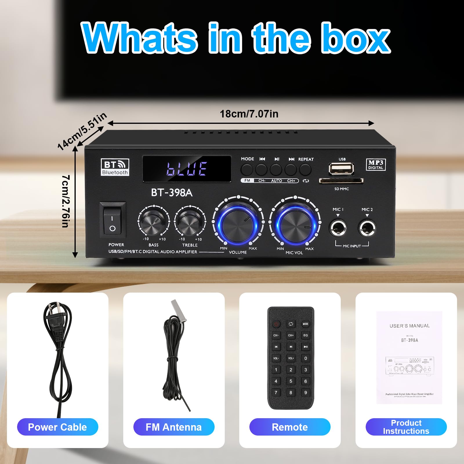 Romicta HiFi Stereo Verstärker 450Wx2 2-Kanal Mini Bluetooth Verstärker UKW-Radio USB SD optisch koaxial