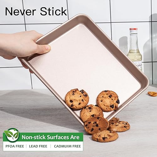 Miniatura 6 de HONGBAKE Juego de 2 sartenes antiadherentes para horno tostador, sartén de 18 hojas prémium para hornear, bandeja de galletas pequeña, apta para