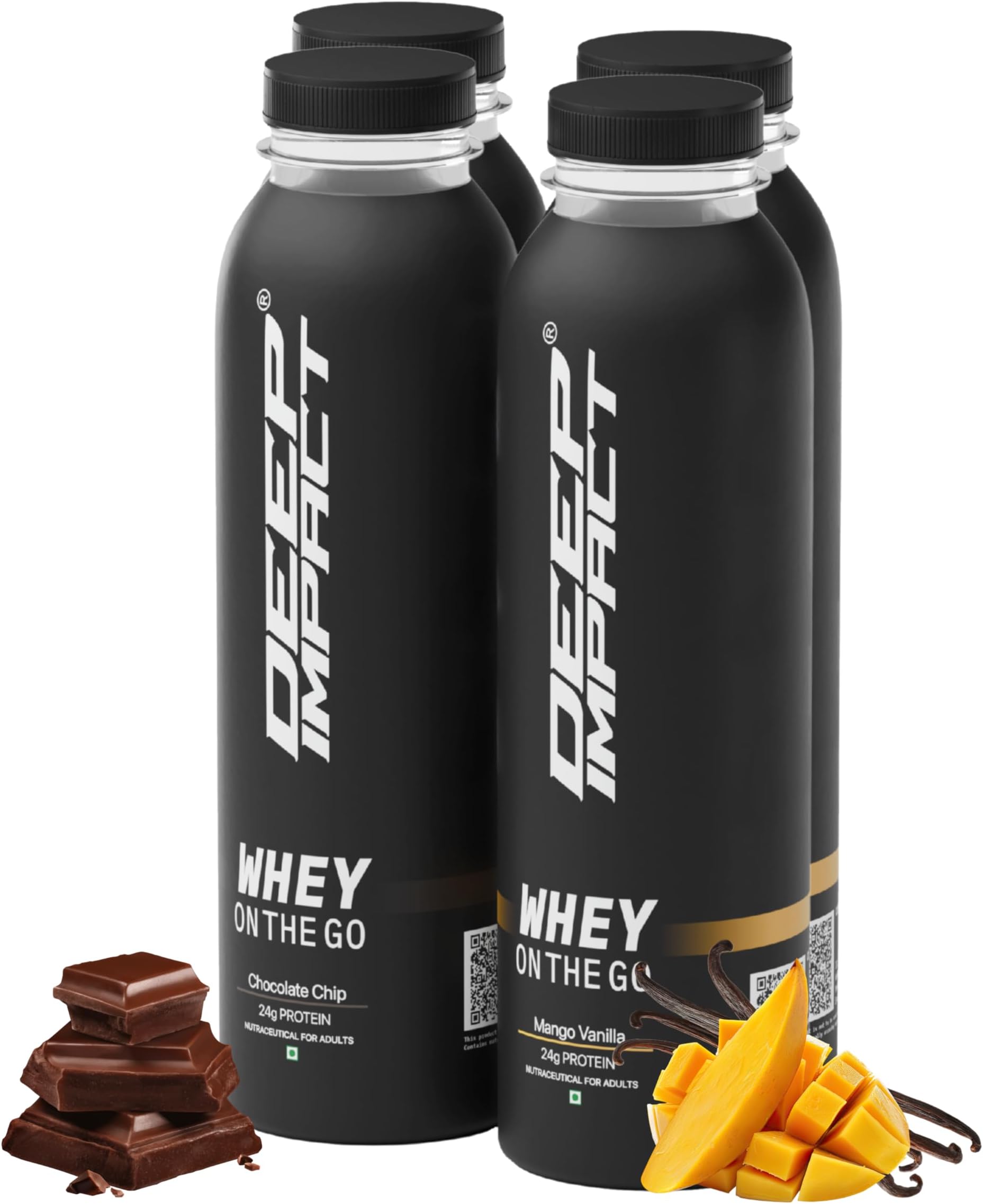 Deep Impact Whey Protein Concentrate (On The Go) - Mango Vanilla | For Gym, Recovery & Fitness | High Strength | For Workout, Athletes, Diet Support | Ready-to-Drink | One Bottle with 24g Protein | No Artificial Colors or Preservatives (Pack of 4)