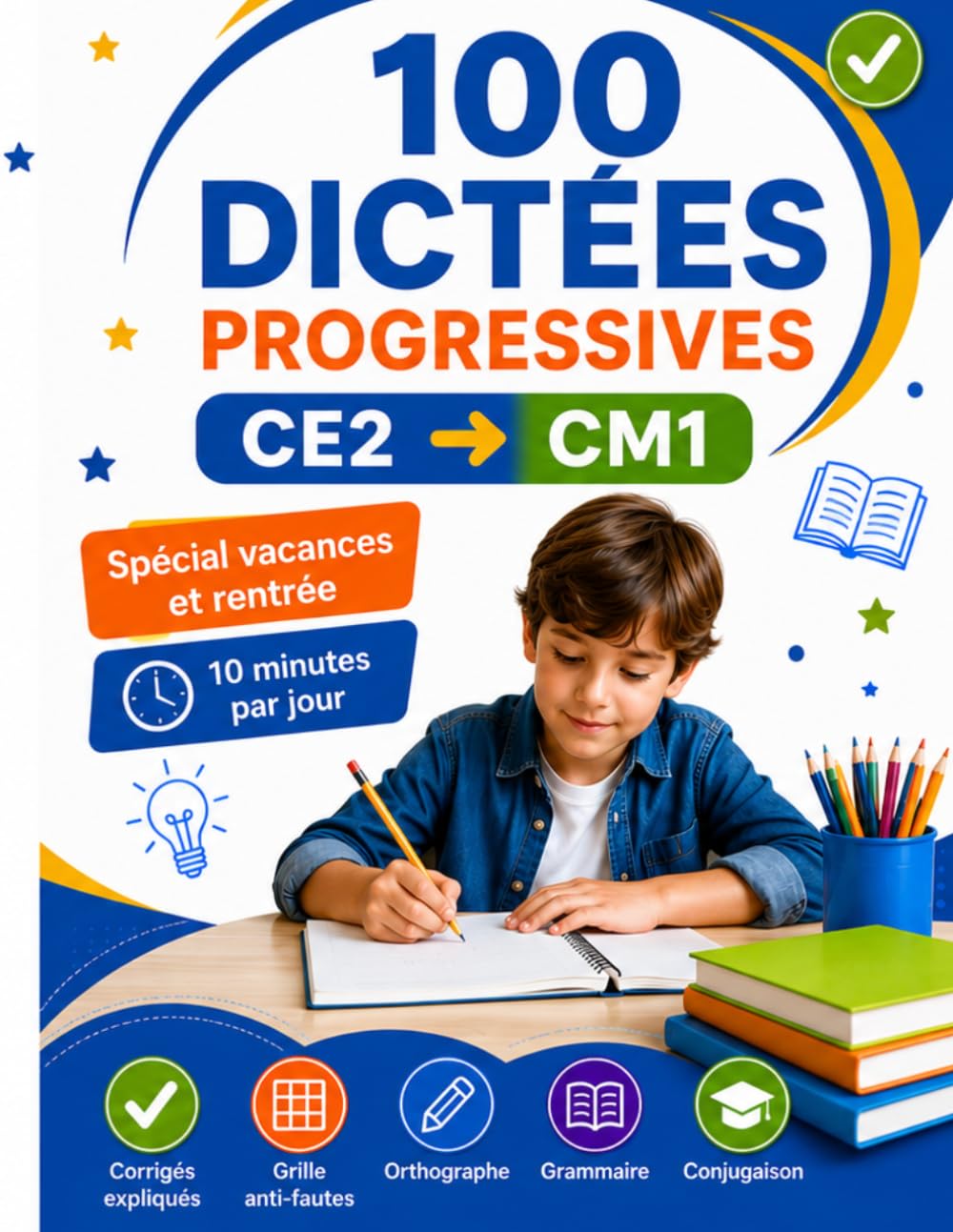 100 Dictées Progressives CE2 vers CM1: Spécial vacances et rentrée : méthode 10 minutes par jour avec corrigés expliqués et grille anti-fautes