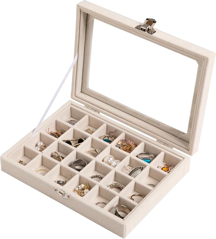 Organizador de pendientes Frebeauty de 24 rejillas,pequeña bandeja de joyas de terciopelo con tapa | Joyero portátil para anillos, forro de terciopelo para proteger joyas, divisores ajustables, tapa de vidrio para una revisión clara