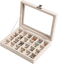 24-Grid Jewelry Tray Organizer with Clear Lid | Velvet Earring & Ring Storage Box | Lockable Stud Earring Holder for Women & Girls, Beige
