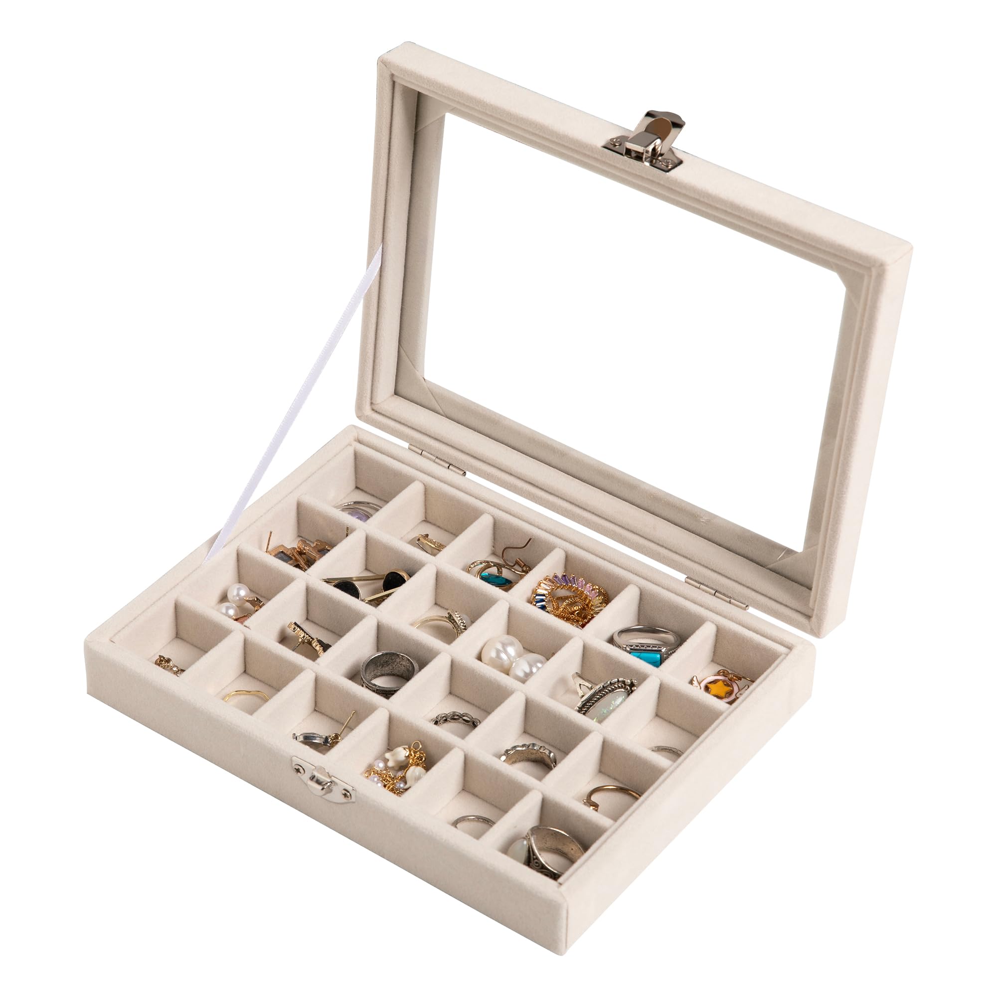 Frebeauty 24 Grid Jewelry Tray,Velvet Stud Earring Organizer,Small Jewelry Organizer with Clear Lid,Lockable Earring Holder Organizer Jewelry Boxes & Organizer Ring Holder for Women & Girls(Beige)