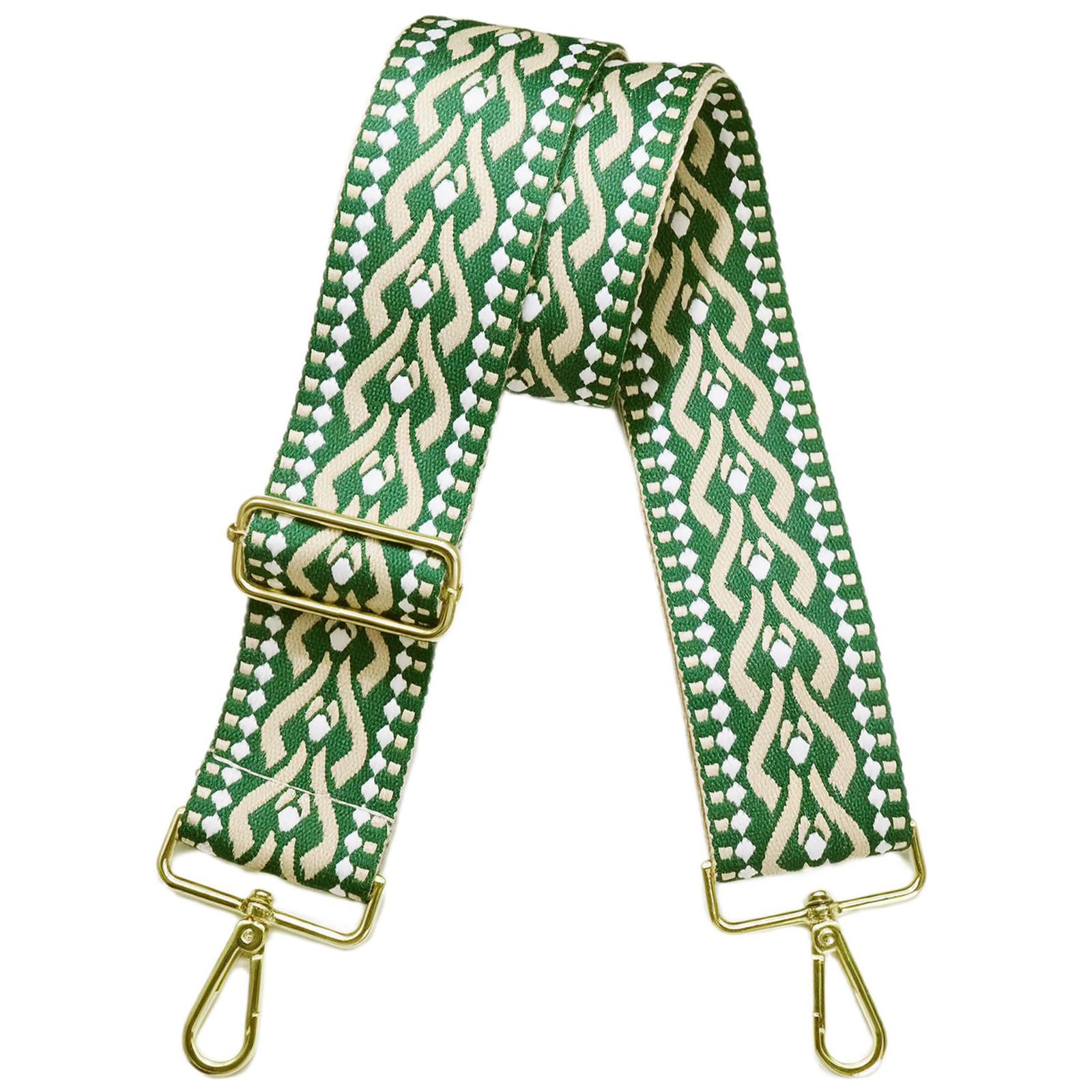 LEMEDE 2" wide Bohemian Purse Straps - 55" Adjustable Gold Buckle Crossbody Bag Shoulder Strap with Embroidery Ethnic Style(Green Purse Strap)